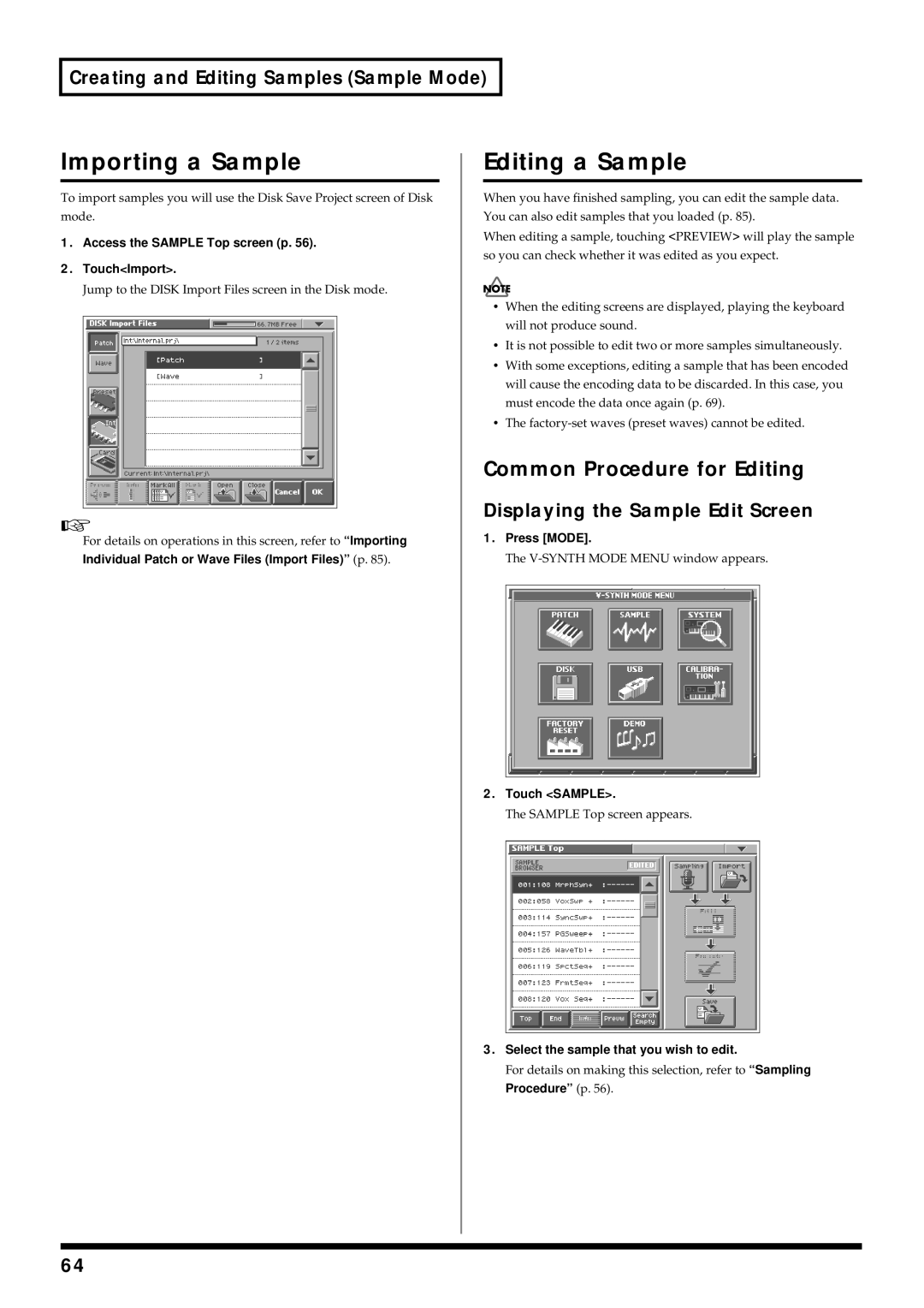 Roland V-Synth Importing a Sample, Editing a Sample, Common Procedure for Editing, Displaying the Sample Edit Screen 