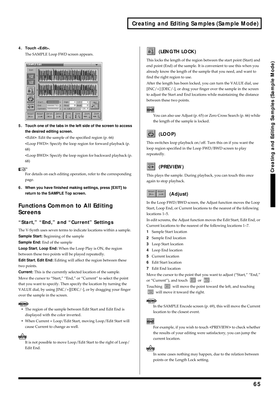 Roland V-Synth owner manual Functions Common to All Editing Screens, Start, End, and Current Settings, Adjust, Touch Edit 