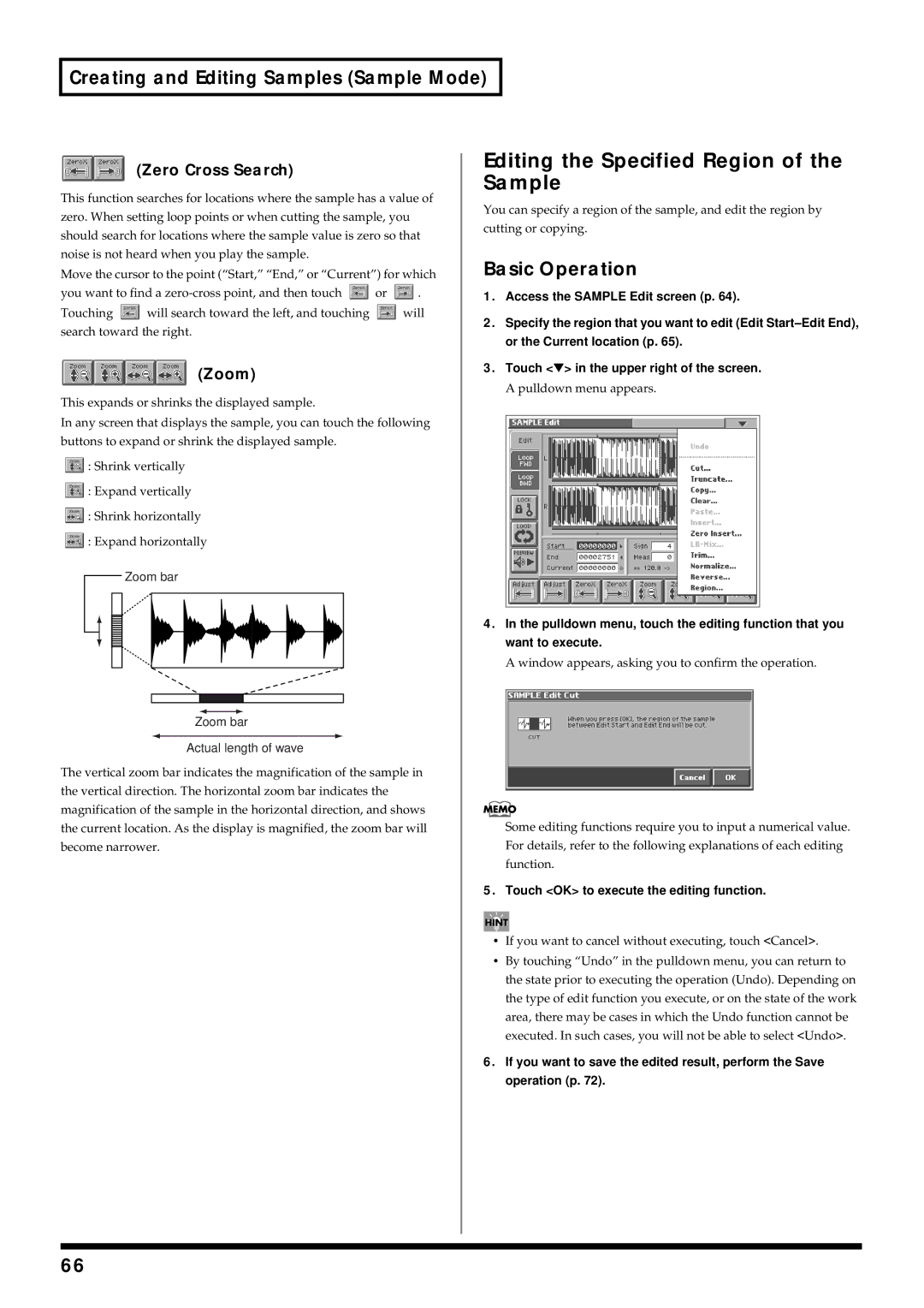 Roland V-Synth owner manual Editing the Specified Region of the Sample, Basic Operation, Zero Cross Search, Zoom 