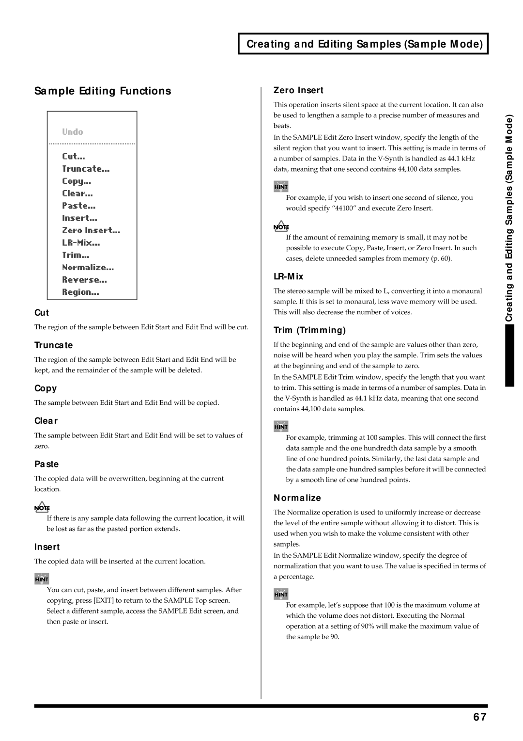 Roland V-Synth owner manual Zero Insert, LR-Mix, Cut, Trim Trimming, Truncate, Copy, Paste, Normalize 