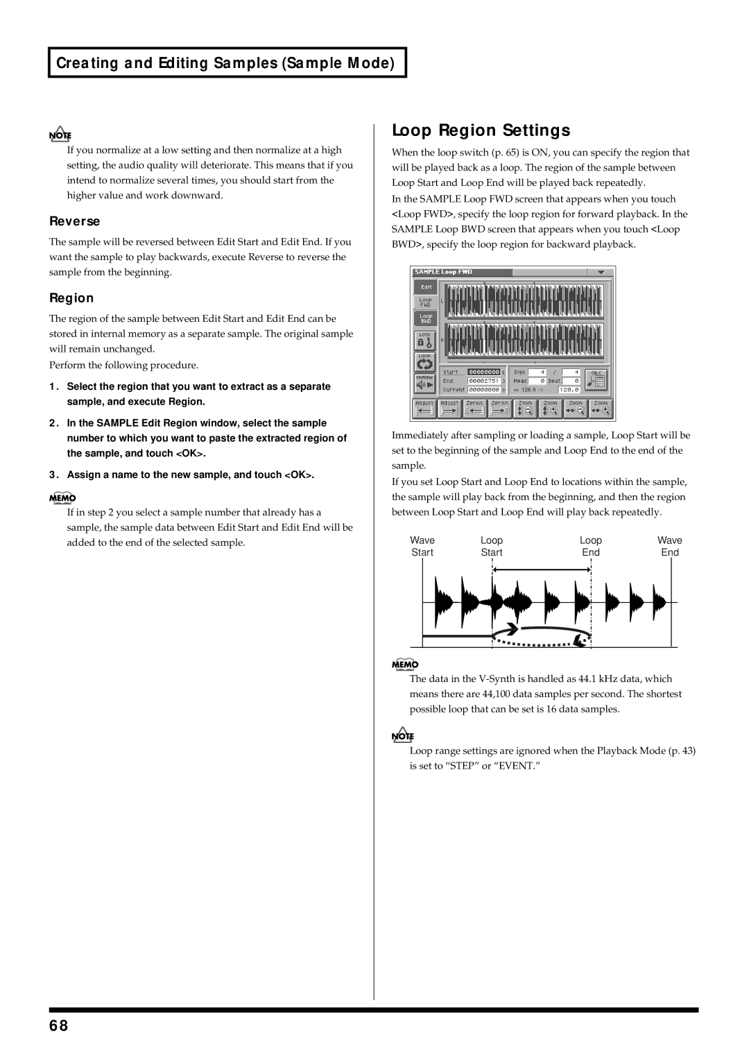 Roland V-Synth owner manual Loop Region Settings, Reverse 