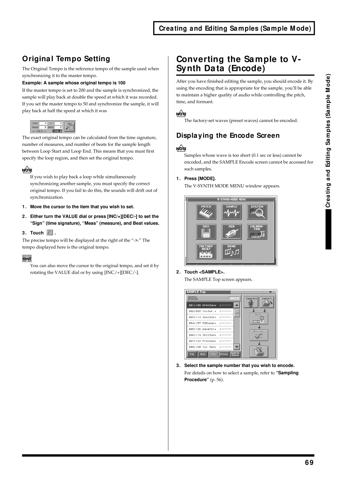 Roland V-Synth Converting the Sample to V- Synth Data Encode, Original Tempo Setting, Displaying the Encode Screen 