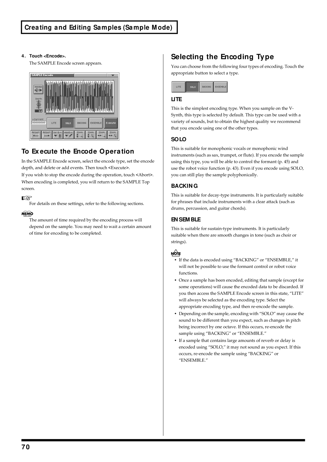 Roland V-Synth owner manual Selecting the Encoding Type, To Execute the Encode Operation, Touch Encode 