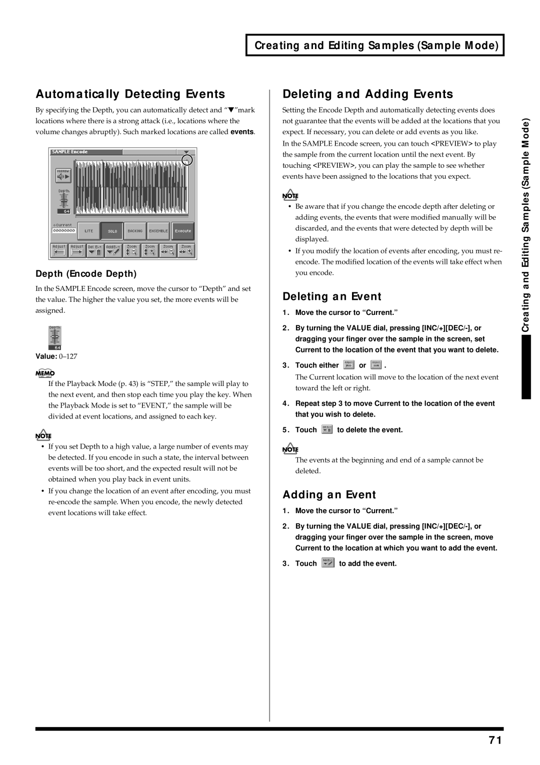 Roland V-Synth owner manual Automatically Detecting Events, Deleting and Adding Events, Deleting an Event, Adding an Event 