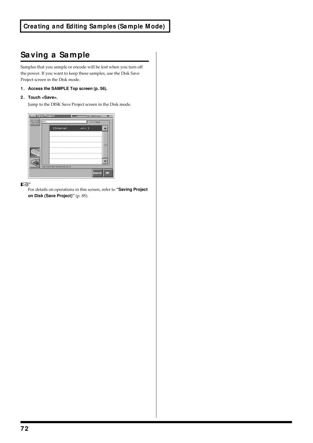 Roland V-Synth owner manual Saving a Sample, Access the Sample Top screen p Touch Save 