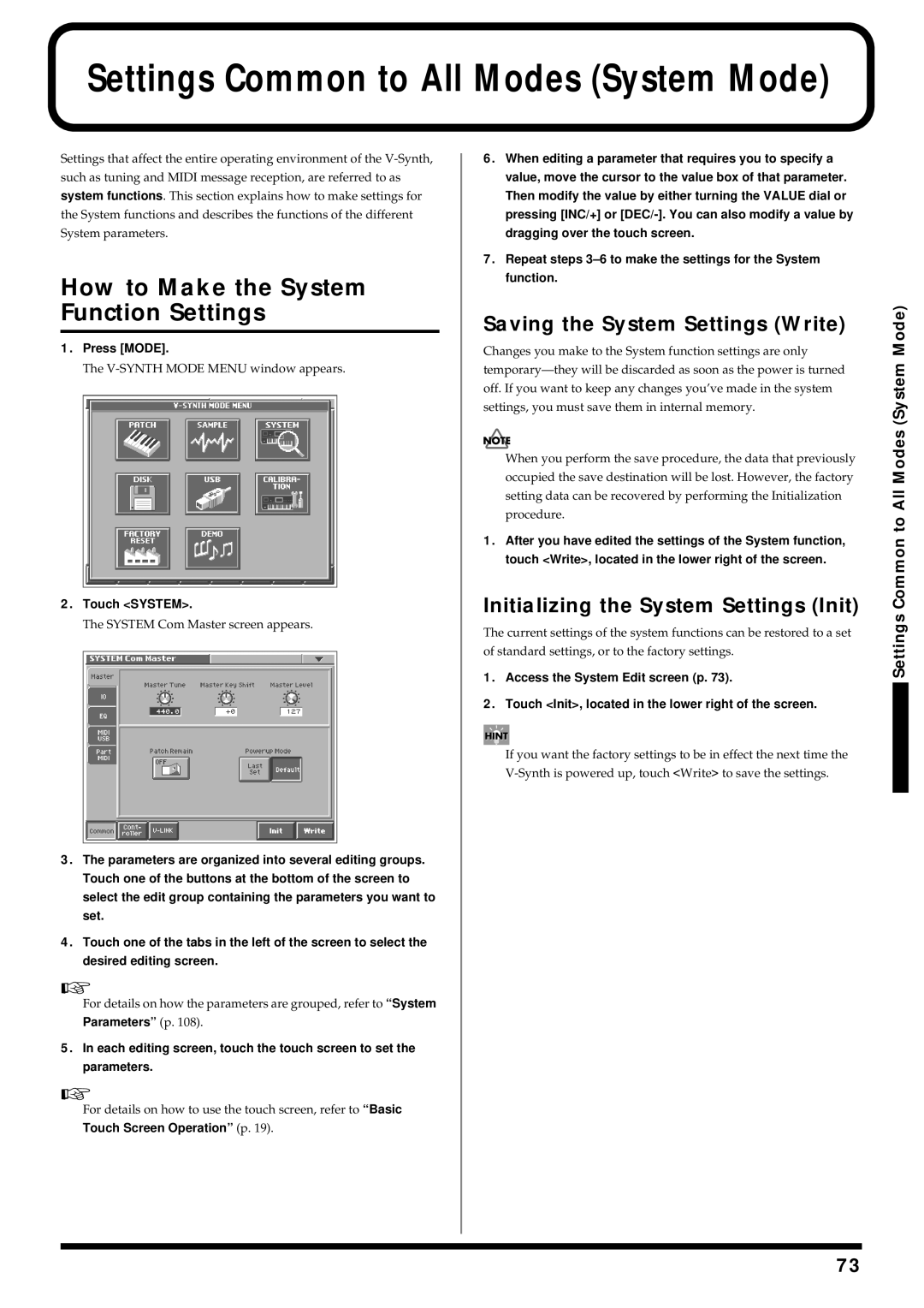 Roland V-Synth owner manual Settings Common to All Modes System Mode, How to Make the System Function Settings 