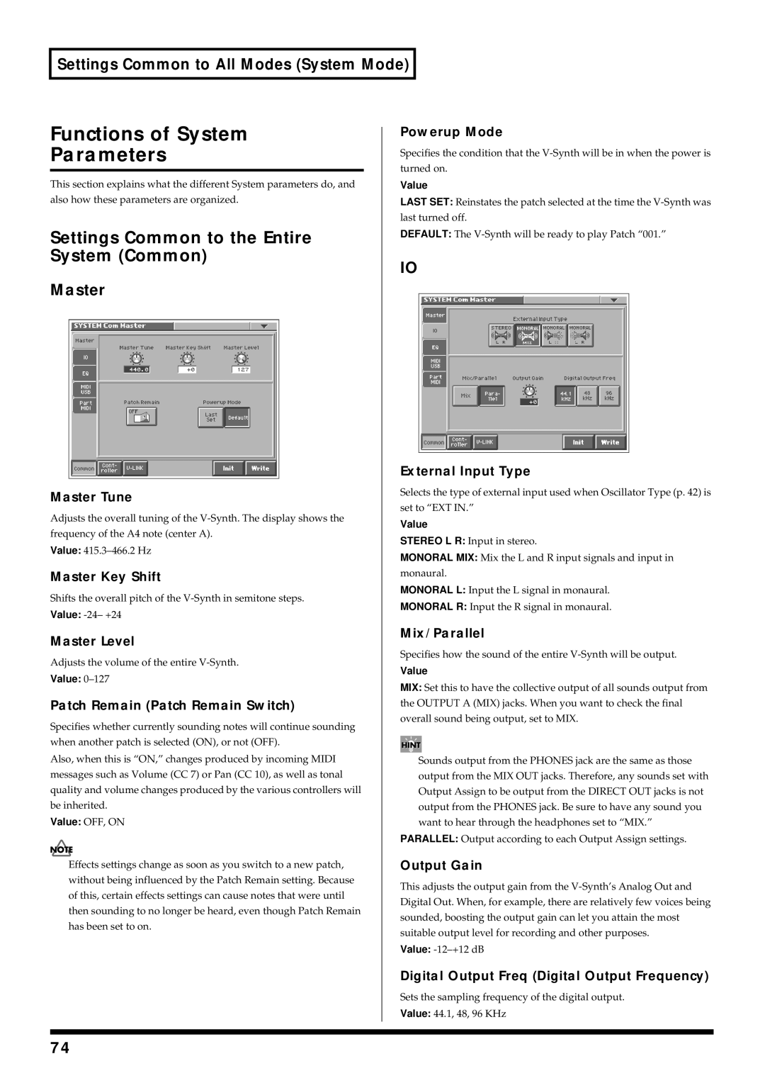 Roland V-Synth owner manual Functions of System Parameters, Settings Common to the Entire System Common, Master 