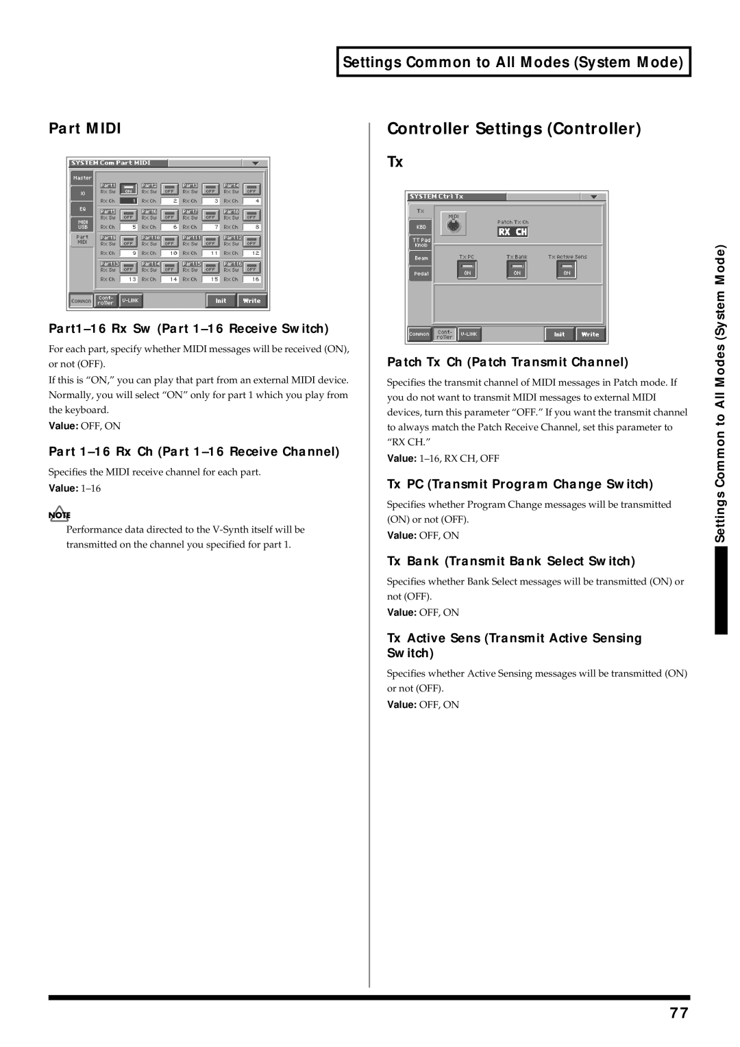 Roland V-Synth owner manual Part1-16 Rx Sw Part 1-16 Receive Switch, Patch Tx Ch Patch Transmit Channel 