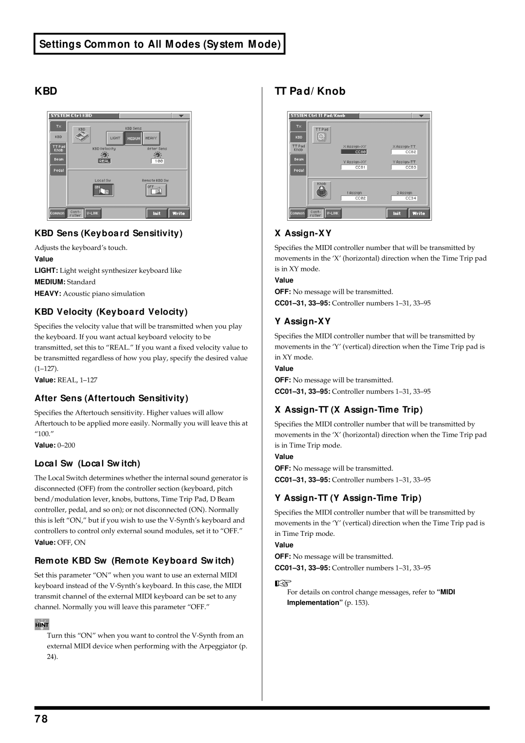 Roland V-Synth owner manual TT Pad/Knob 