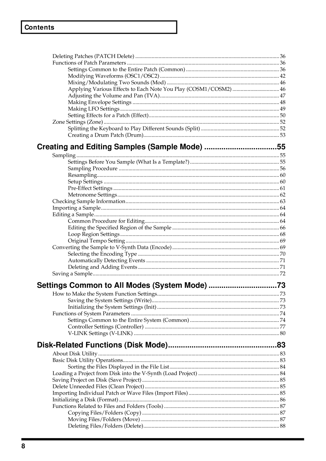 Roland V-Synth owner manual Creating and Editing Samples Sample Mode, Contents 