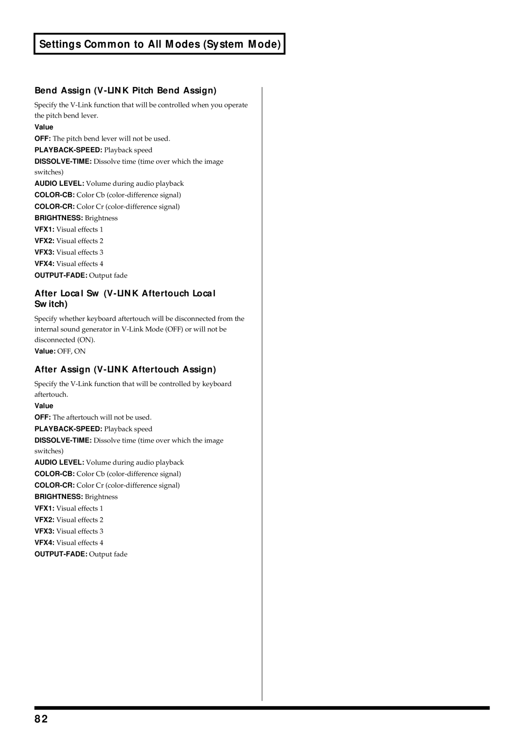 Roland V-Synth owner manual Bend Assign V-LINK Pitch Bend Assign, After Local Sw V-LINK Aftertouch Local Switch 