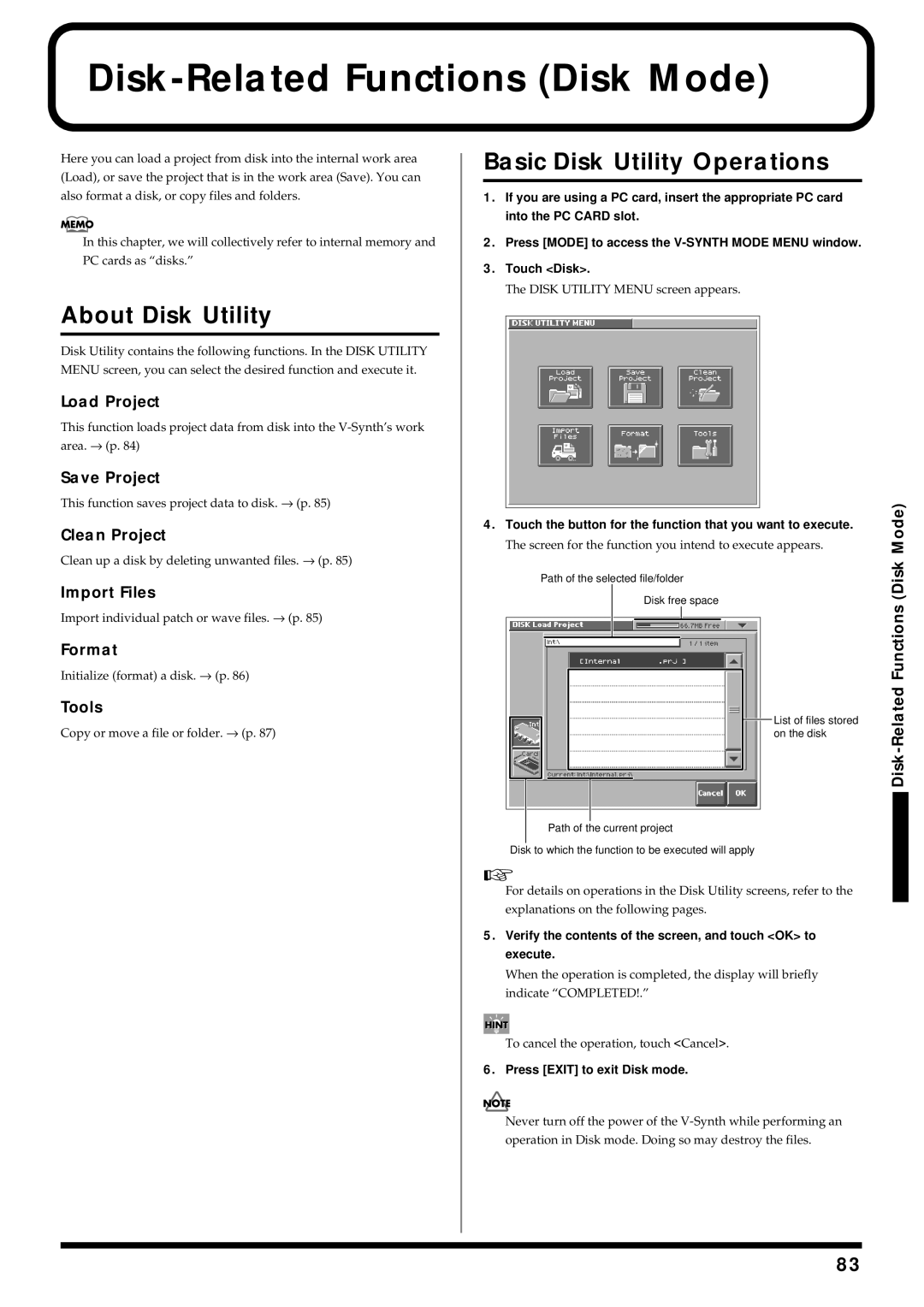 Roland V-Synth owner manual Disk-Related Functions Disk Mode, About Disk Utility, Basic Disk Utility Operations 