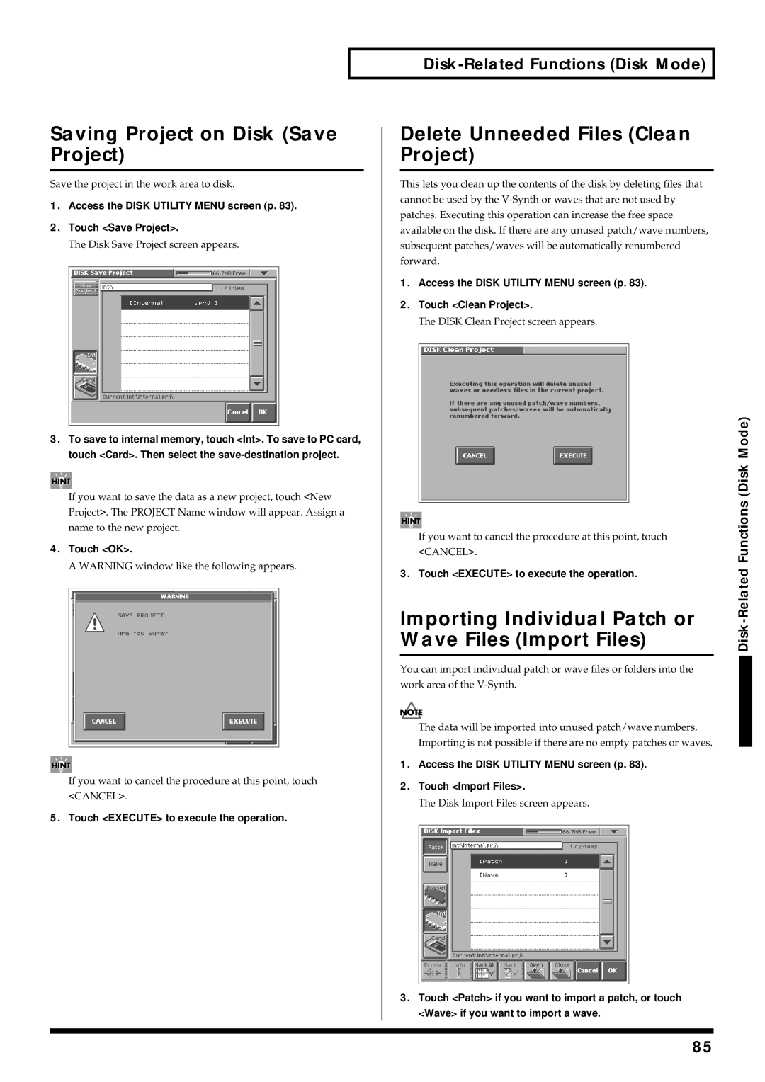 Roland V-Synth Saving Project on Disk Save Project, Delete Unneeded Files Clean Project, Importing Individual Patch or 