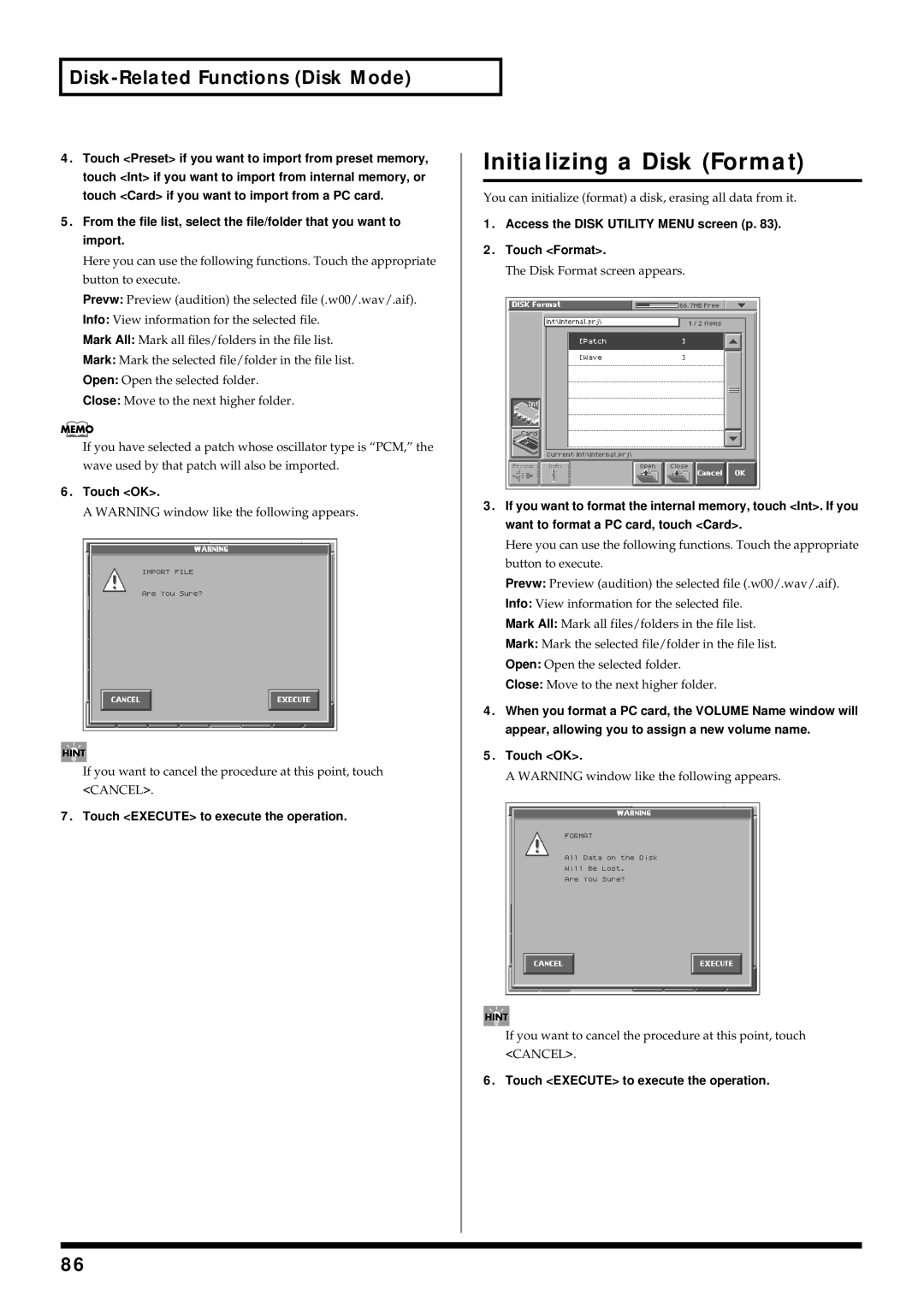 Roland V-Synth owner manual Initializing a Disk Format, Access the Disk Utility Menu screen p Touch Format 