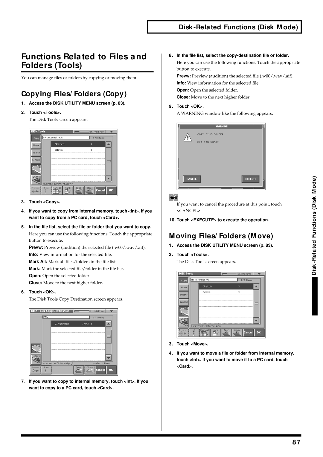 Roland V-Synth Functions Related to Files and Folders Tools, Copying Files/Folders Copy, Moving Files/Folders Move 