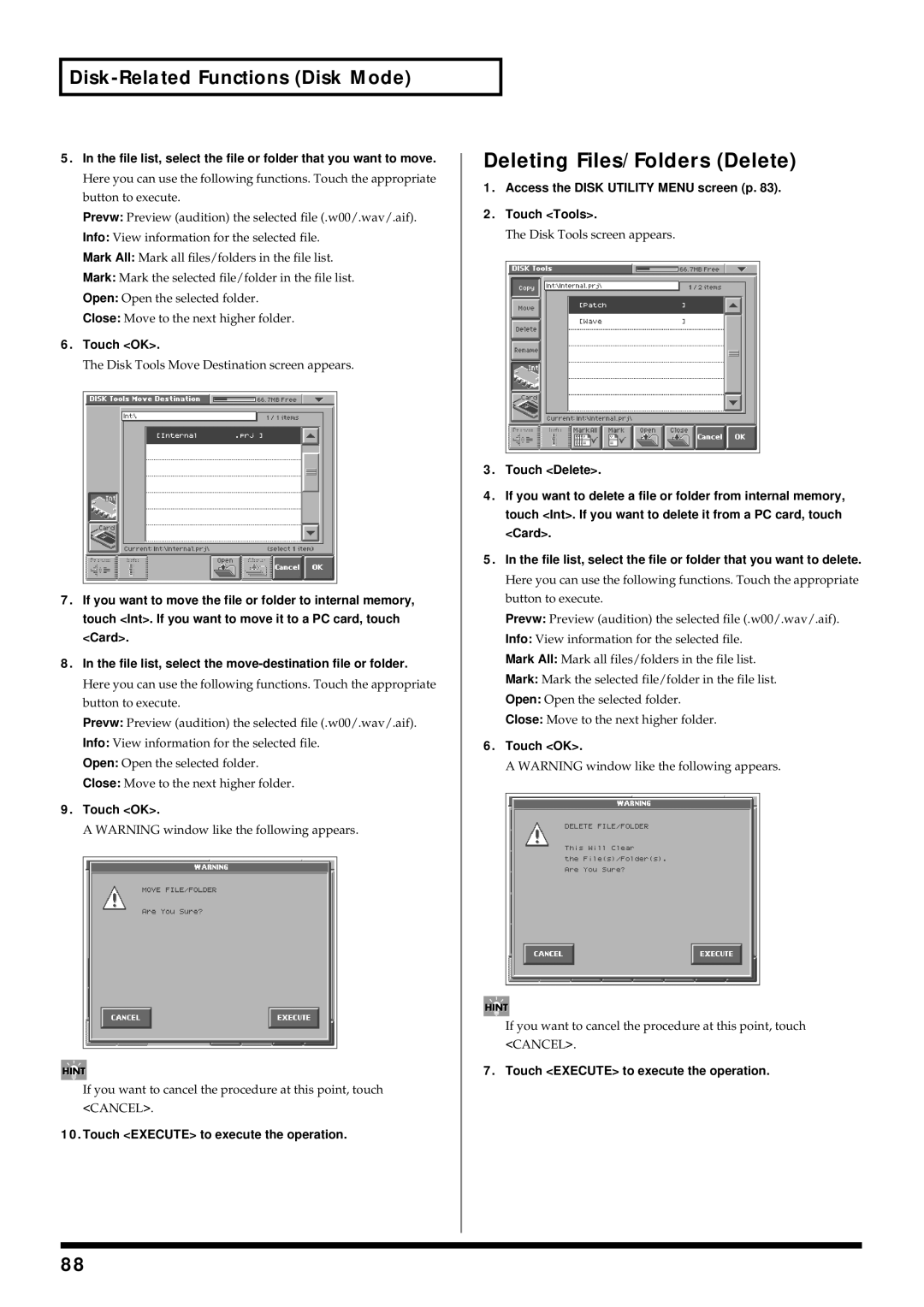 Roland V-Synth owner manual Deleting Files/Folders Delete, File list, select the file or folder that you want to move 