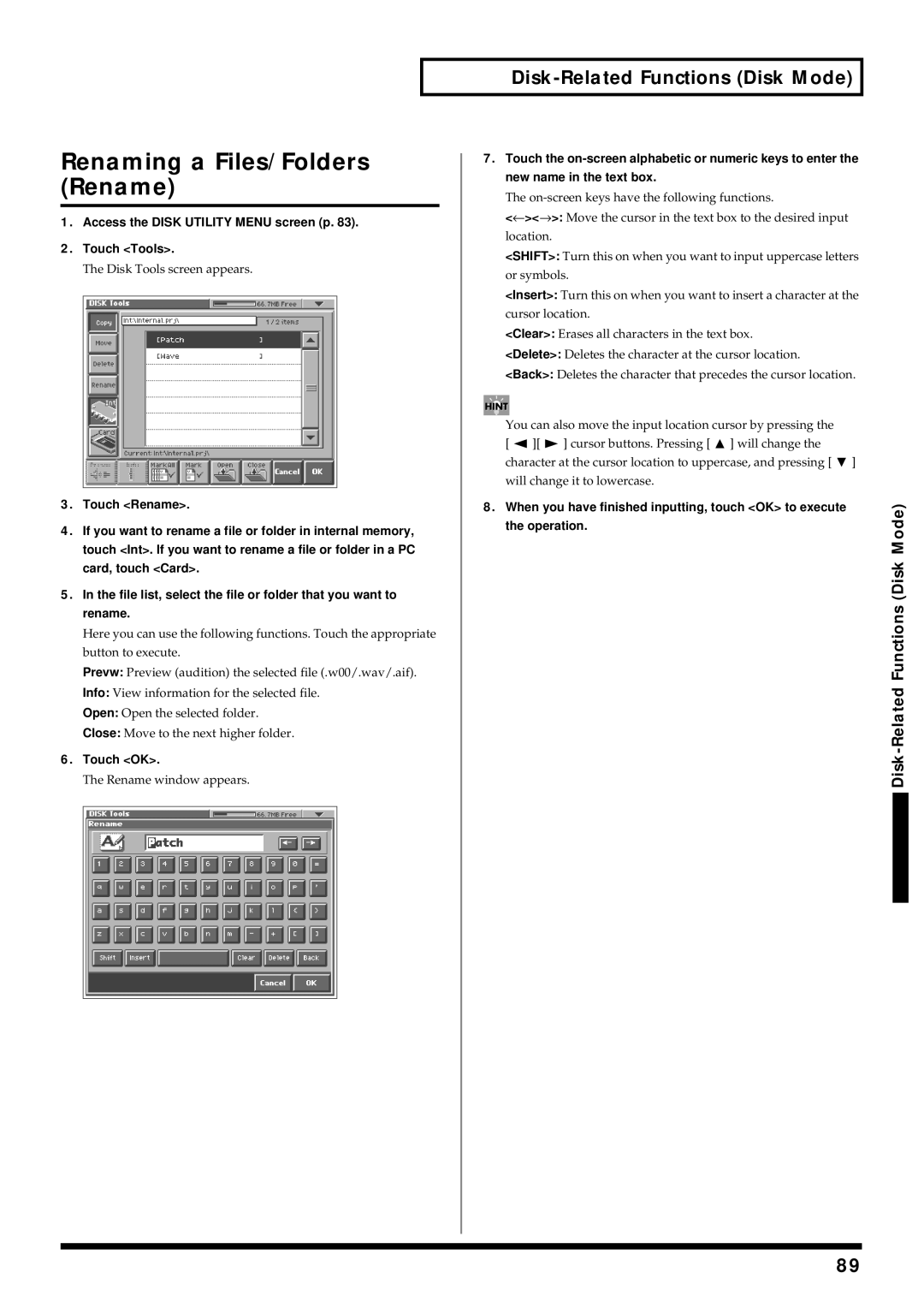 Roland V-Synth owner manual Renaming a Files/Folders Rename, Operation.Mode DiskFunctions Related-Disk 