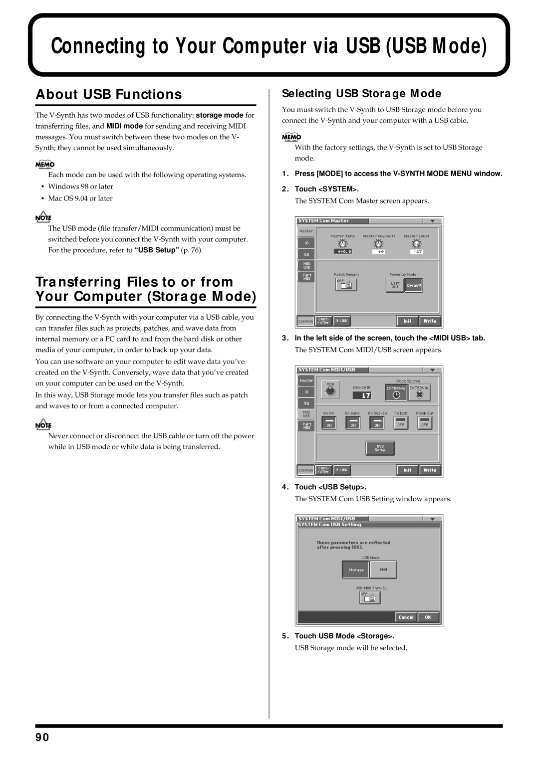 Roland V-Synth About USB Functions, Transferring Files to or from Your Computer Storage Mode, Selecting USB Storage Mode 