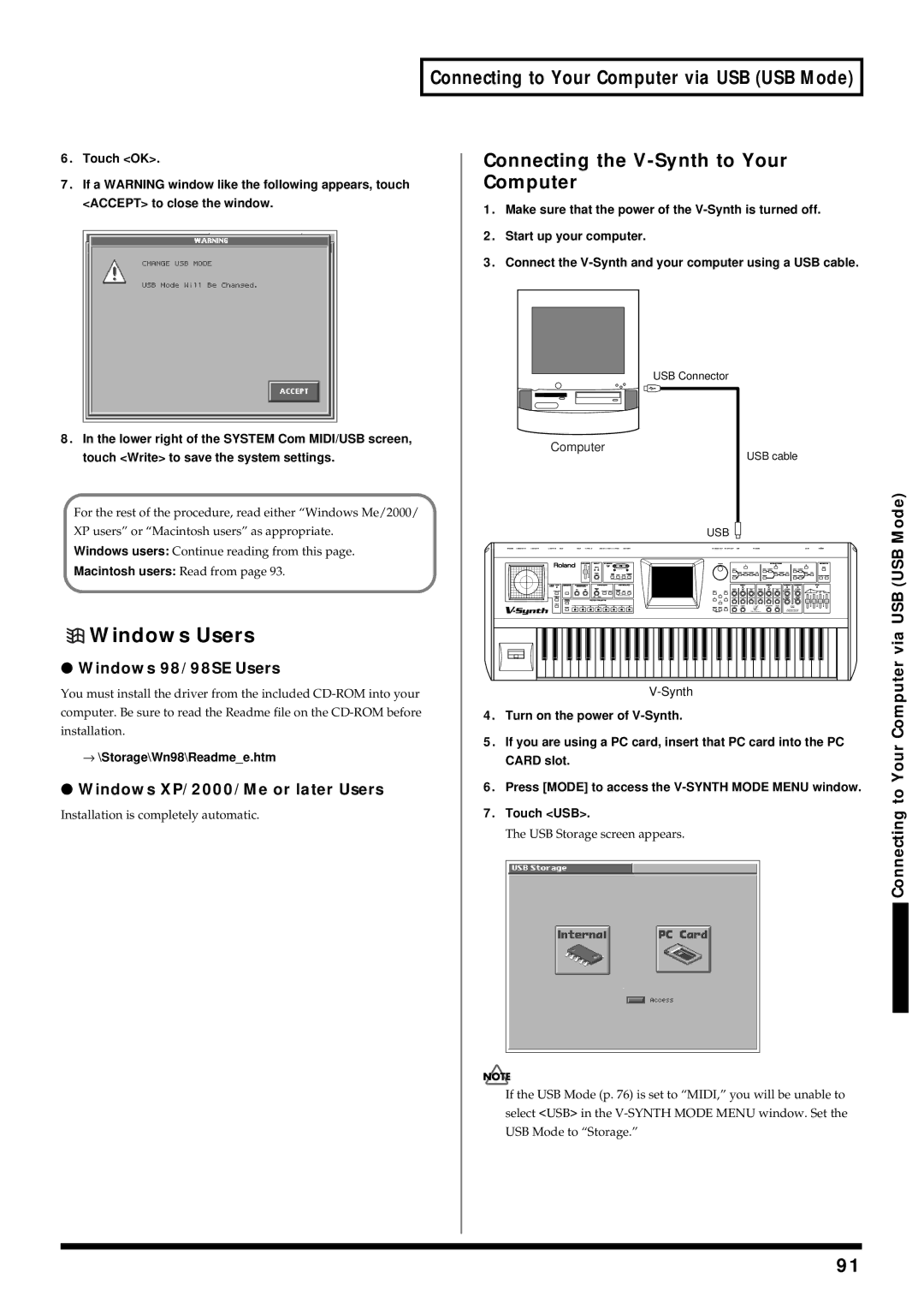 Roland V-Synth owner manual Windows Users, Windows 98/98SE Users, Windows XP/2000/Me or later Users 