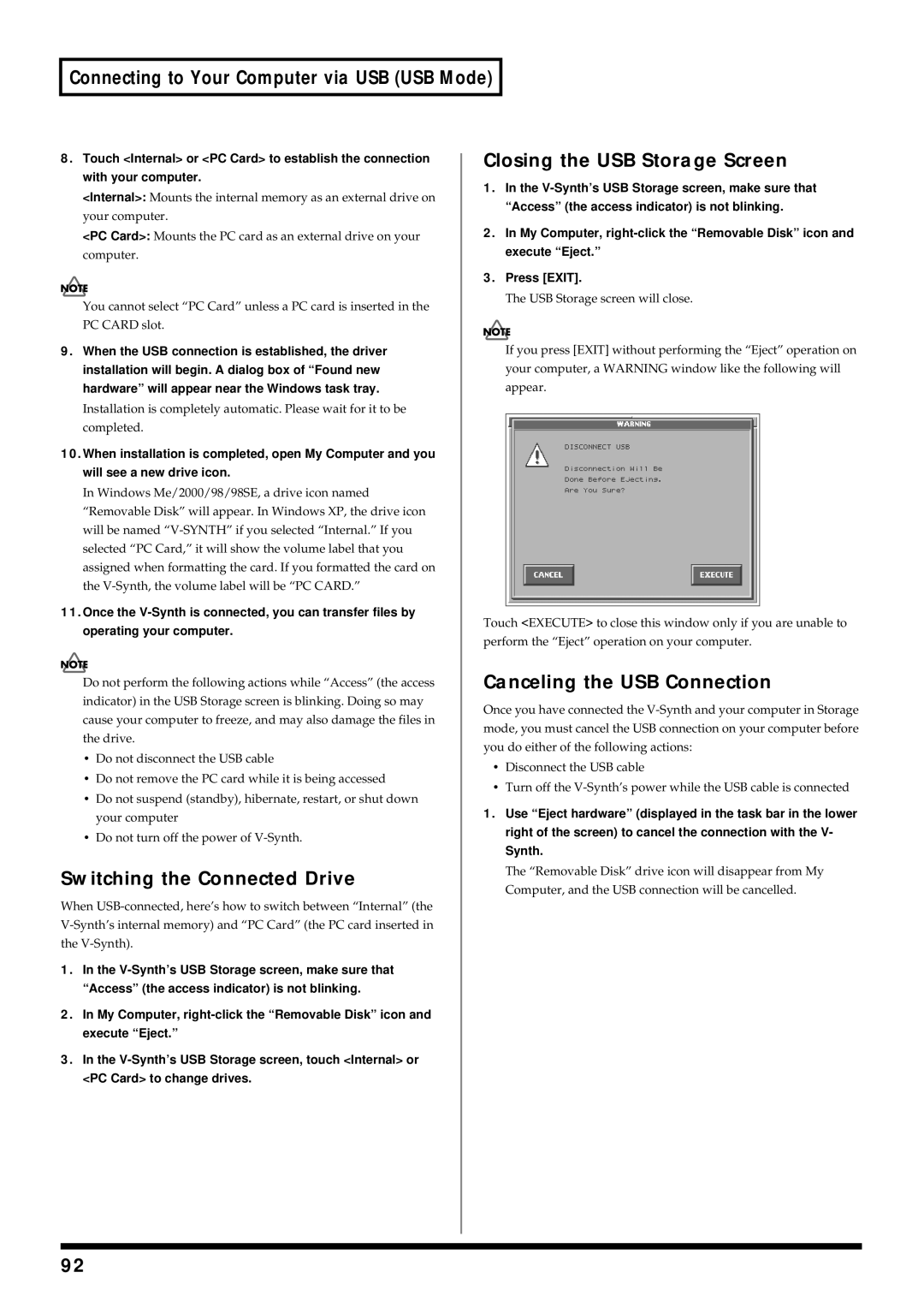 Roland V-Synth Connecting to Your Computer via USB USB Mode, Switching the Connected Drive, Closing the USB Storage Screen 