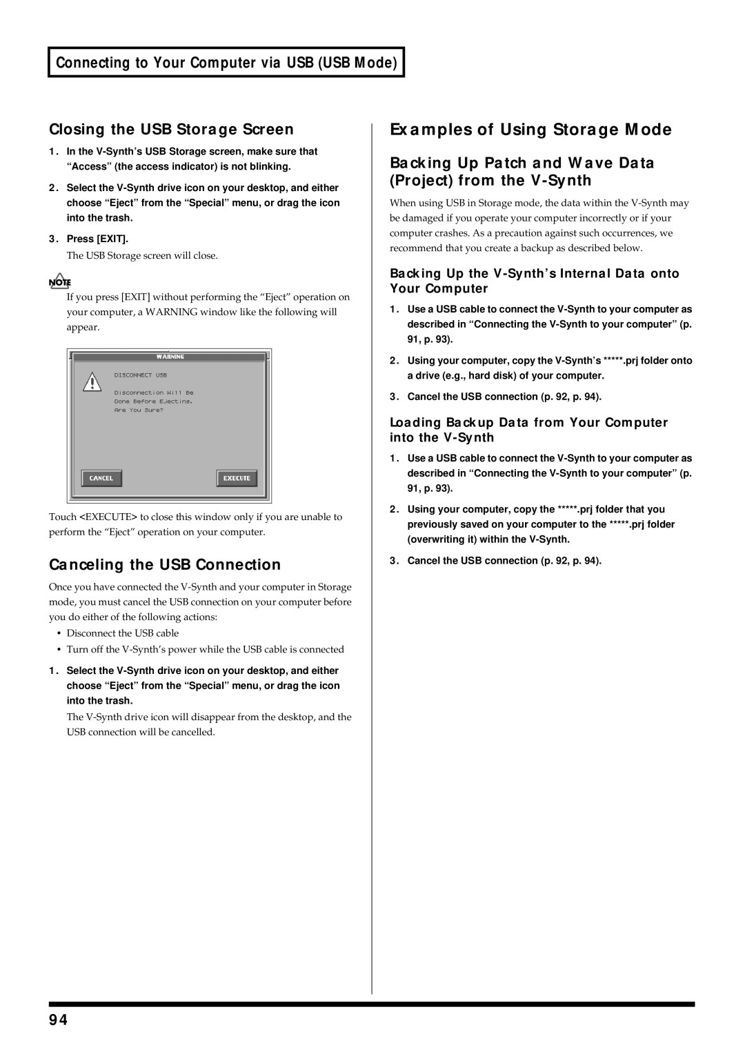 Roland owner manual Examples of Using Storage Mode, Backing Up Patch and Wave Data Project from the V-Synth 