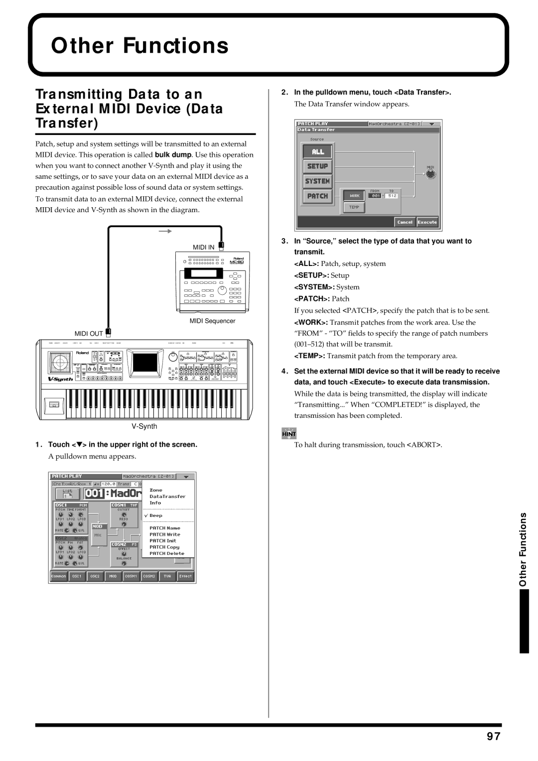 Roland V-Synth owner manual Other Functions, Transmitting Data to an External Midi Device Data Transfer 