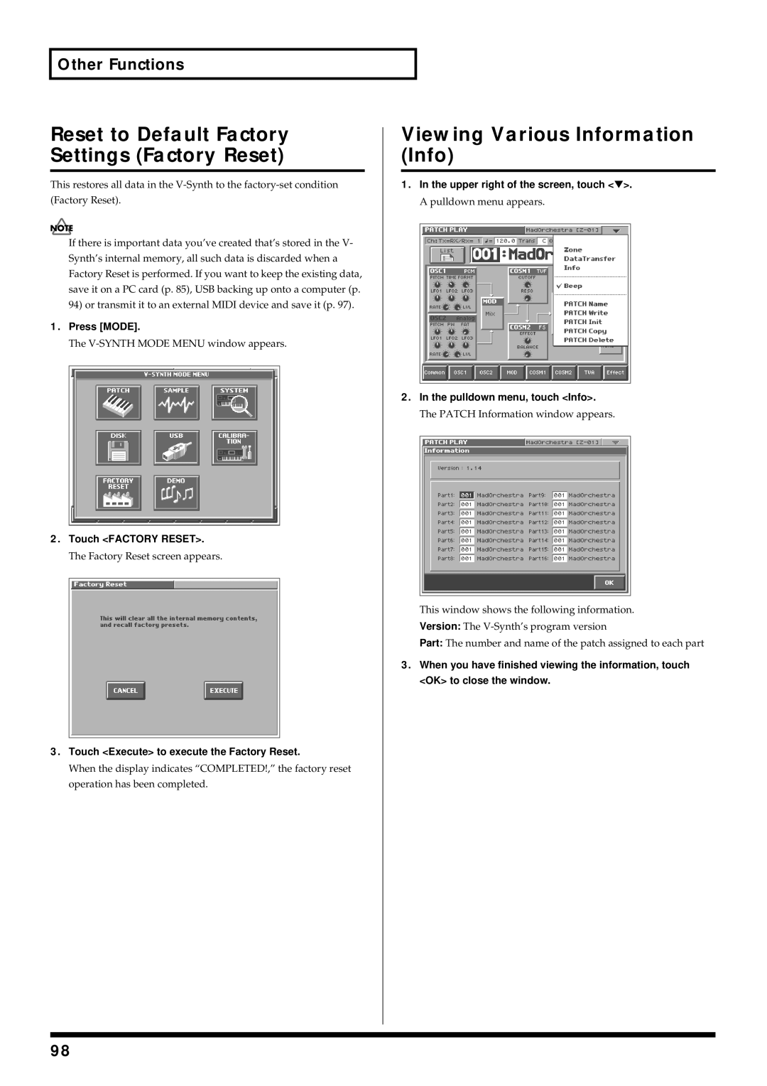 Roland V-Synth Reset to Default Factory Settings Factory Reset, Viewing Various Information Info, Touch Factory Reset 