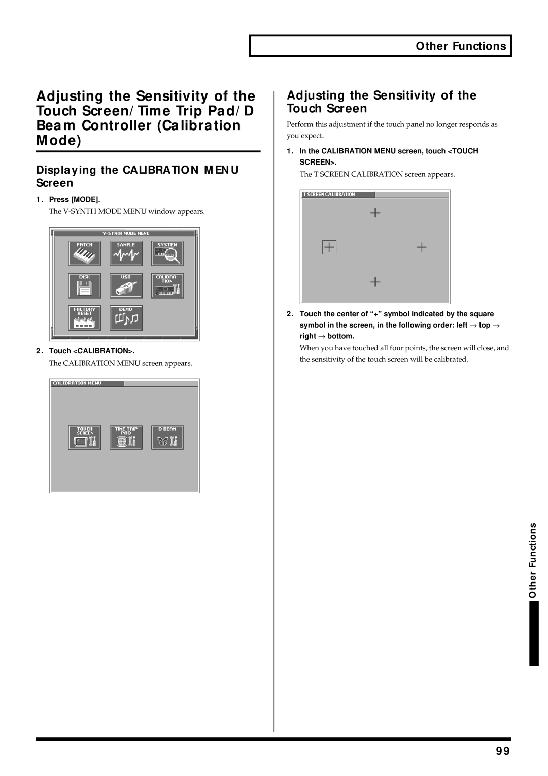 Roland V-Synth Adjusting the Sensitivity of the Touch Screen, Displaying the Calibration Menu Screen, Touch Calibration 