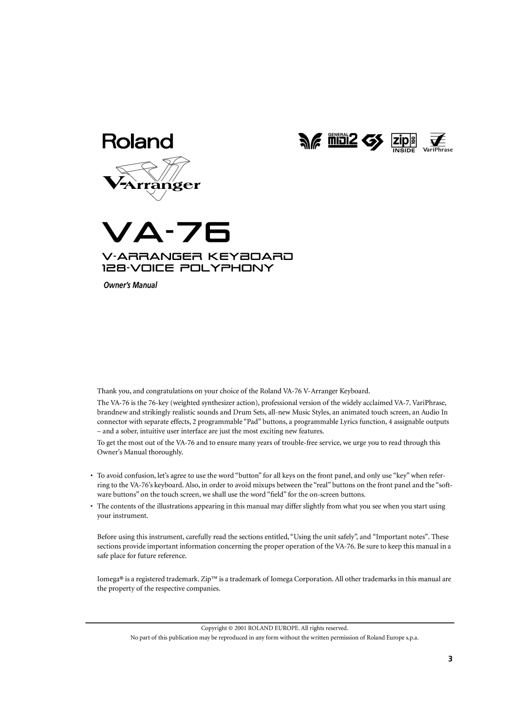 Roland VA-76 owner manual 