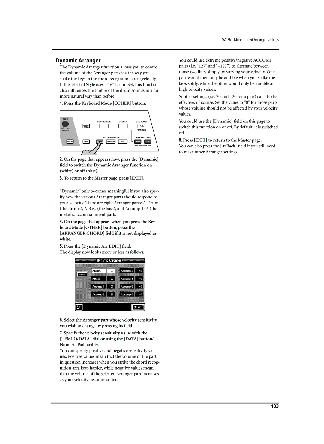 Roland VA-76 owner manual Dynamic Arranger, 103 