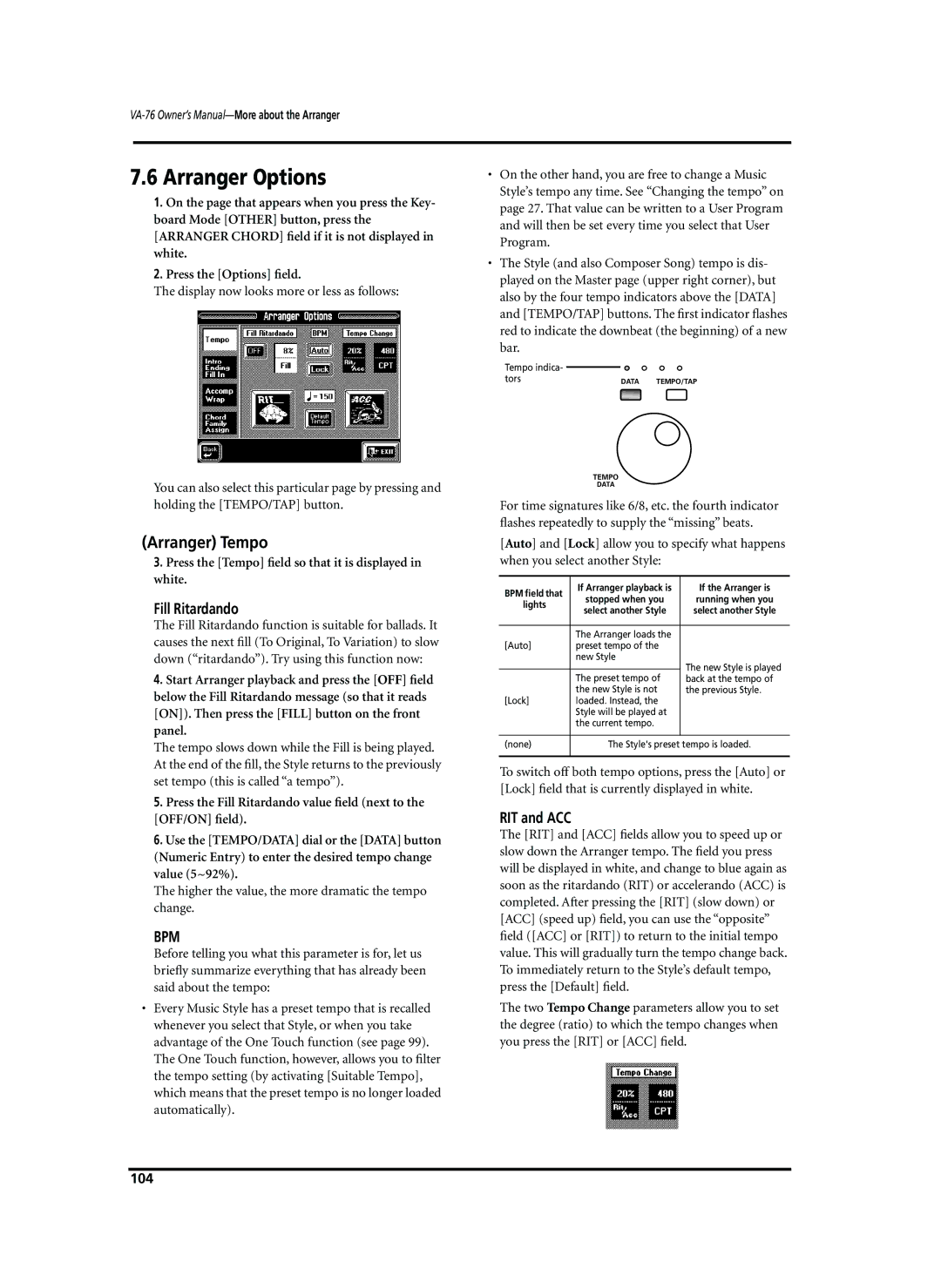 Roland VA-76 owner manual Arranger Options, Arranger Tempo, Fill Ritardando, RIT and ACC, 104 