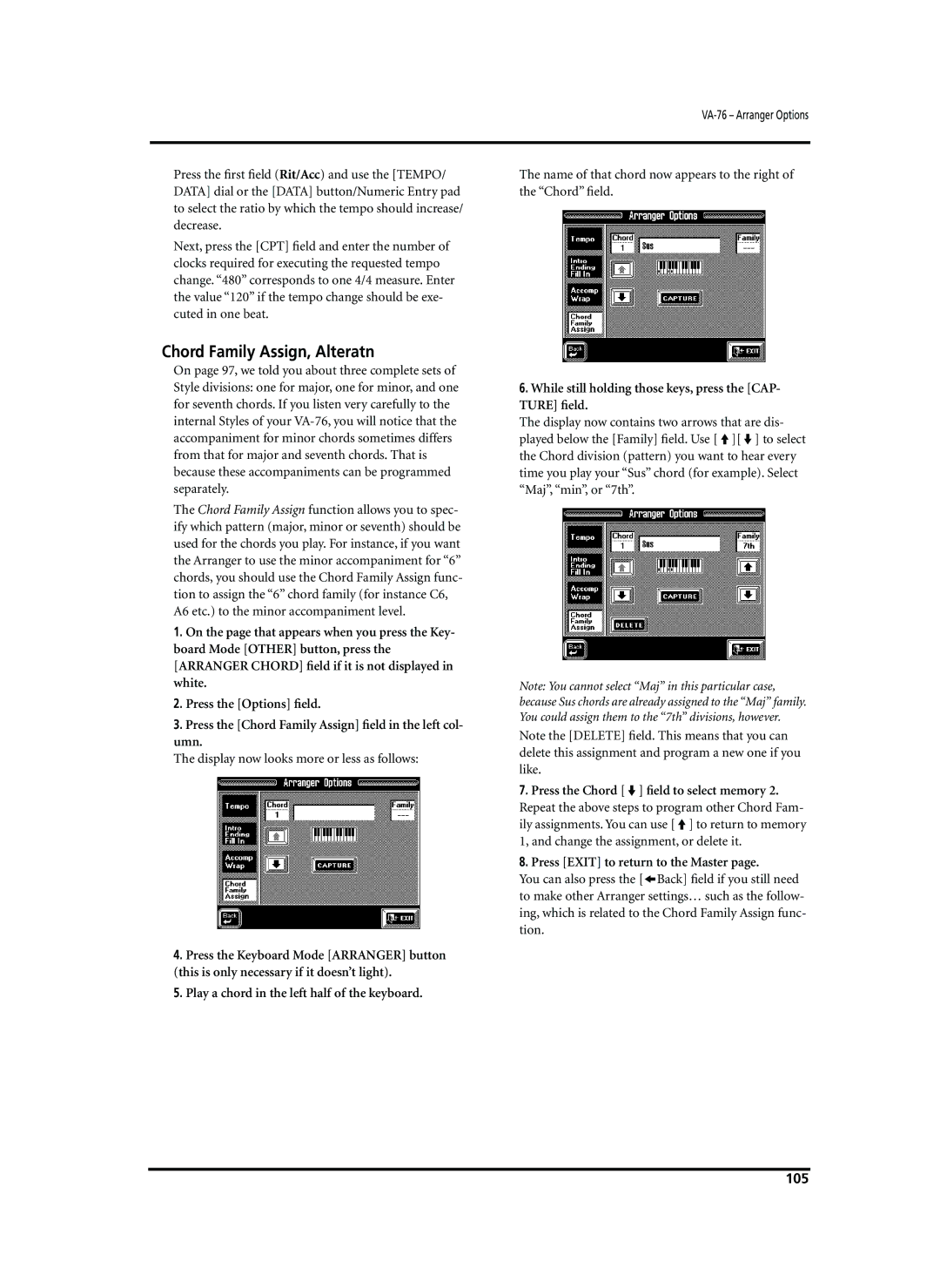 Roland VA-76 owner manual Chord Family Assign, Alteratn, While still holding those keys, press the CAP- Ture ﬁeld, 105 