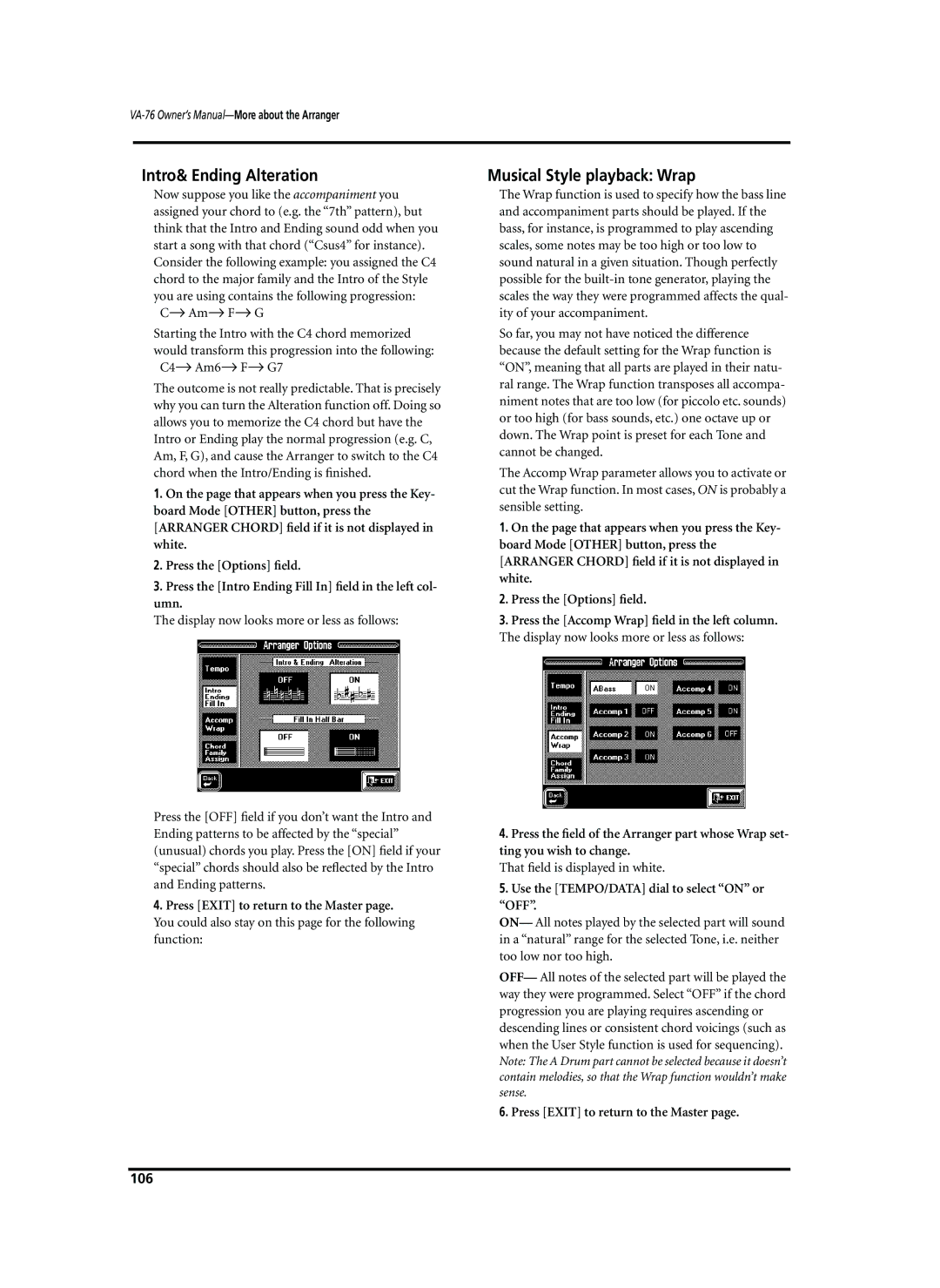 Roland VA-76 Intro& Ending Alteration, Musical Style playback Wrap, Use the TEMPO/DATA dial to select on or OFF, 106 