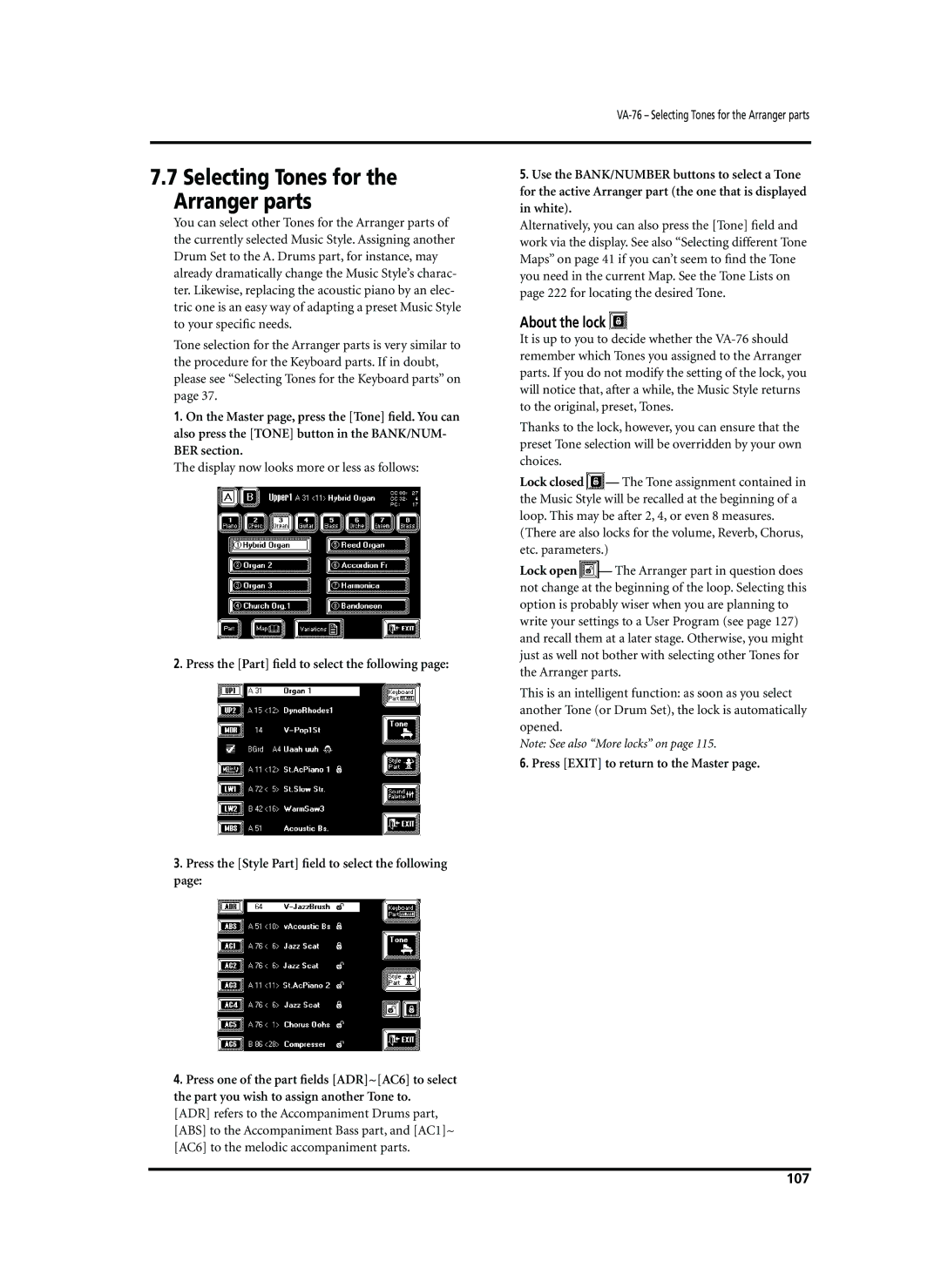 Roland VA-76 owner manual Selecting Tones for the Arranger parts, About the lock, 107 