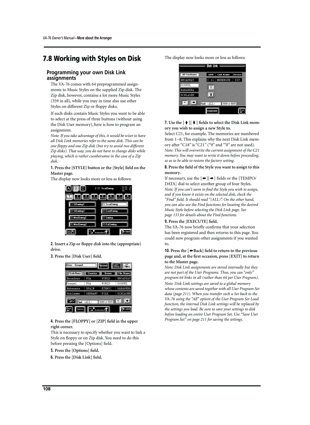 Roland VA-76 owner manual Working with Styles on Disk, Programming your own Disk Link assignments, 108 