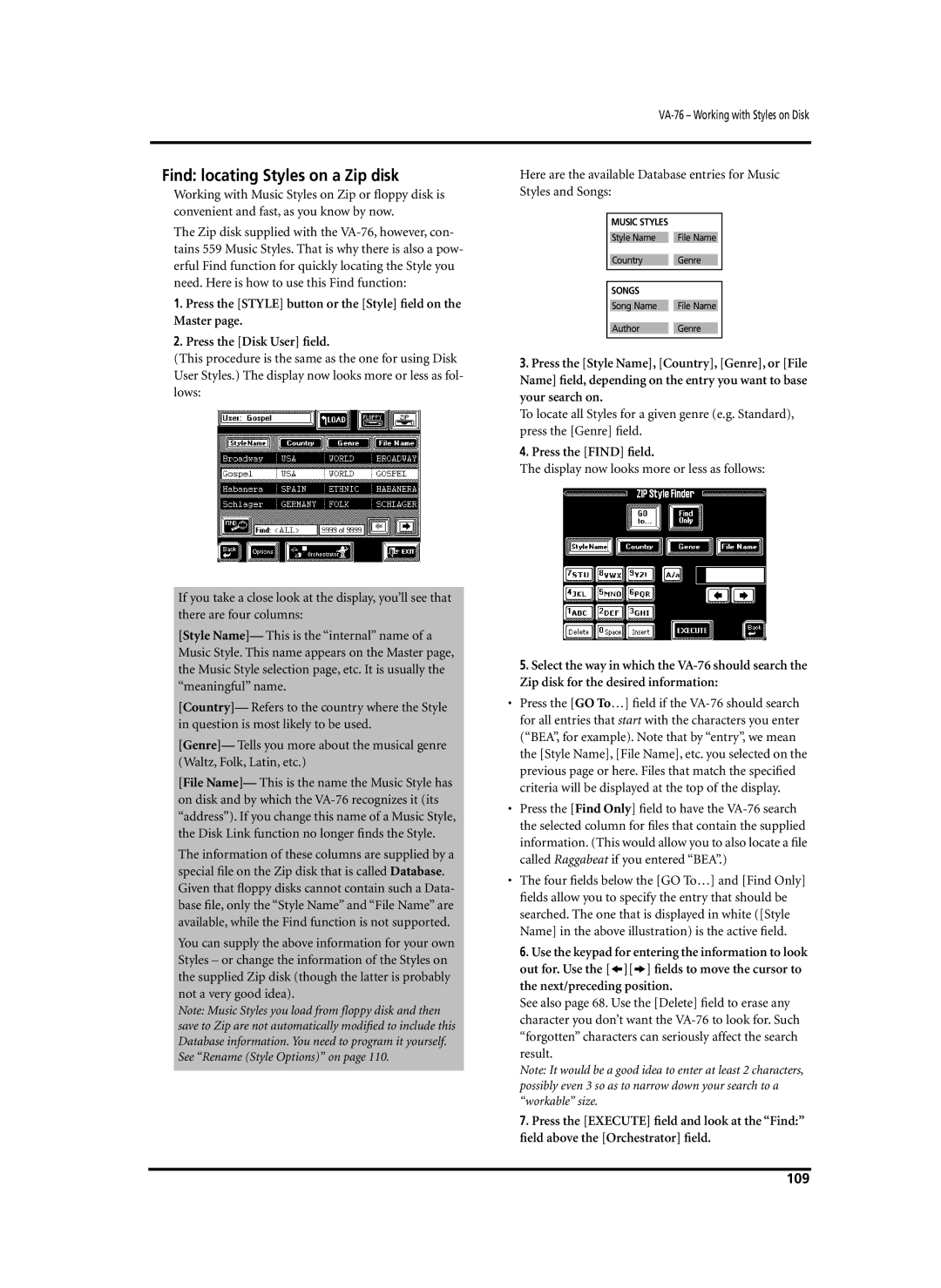 Roland VA-76 owner manual Find locating Styles on a Zip disk, Press the Find ﬁeld, 109 