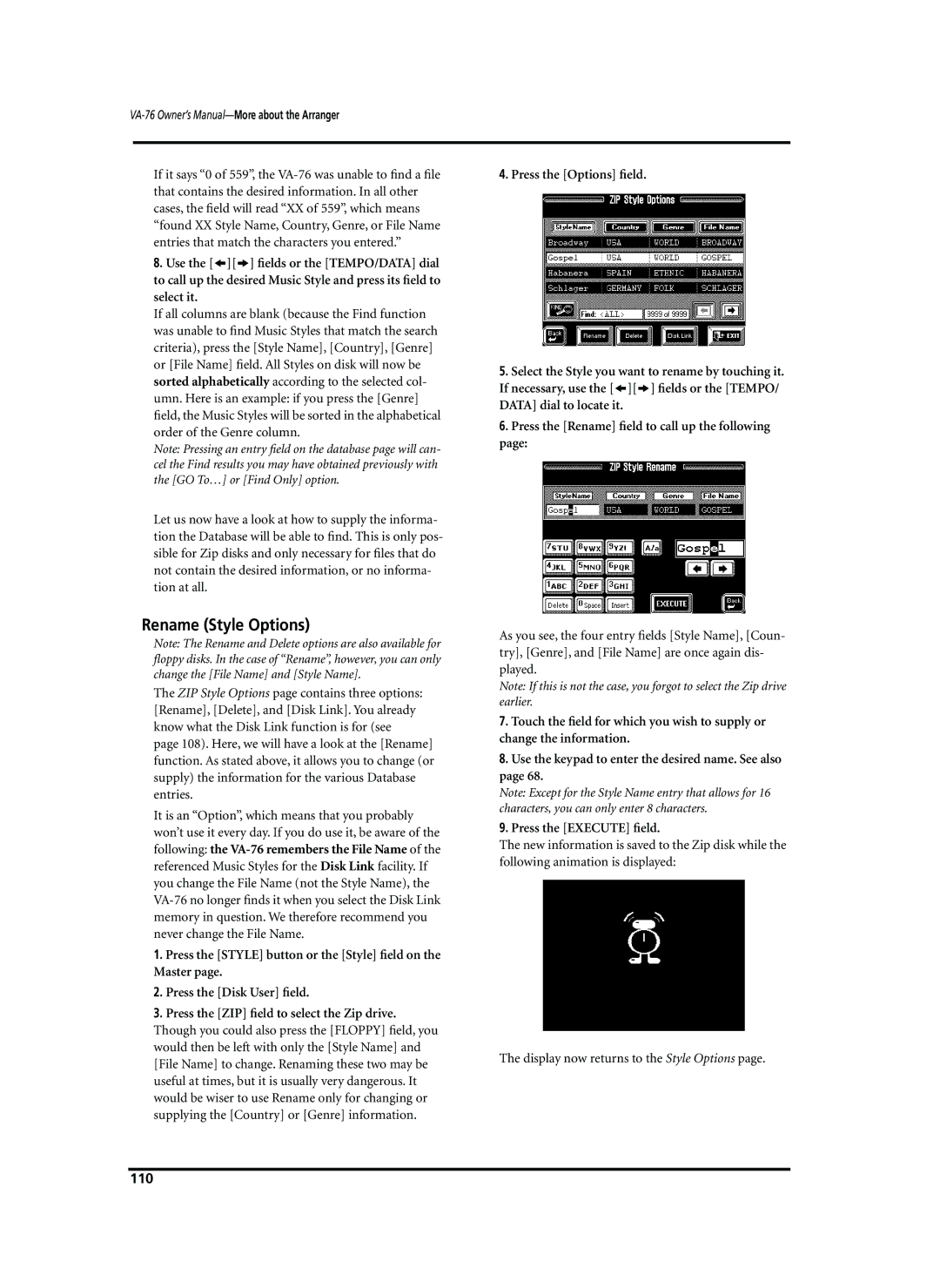 Roland VA-76 owner manual Rename Style Options, 110 