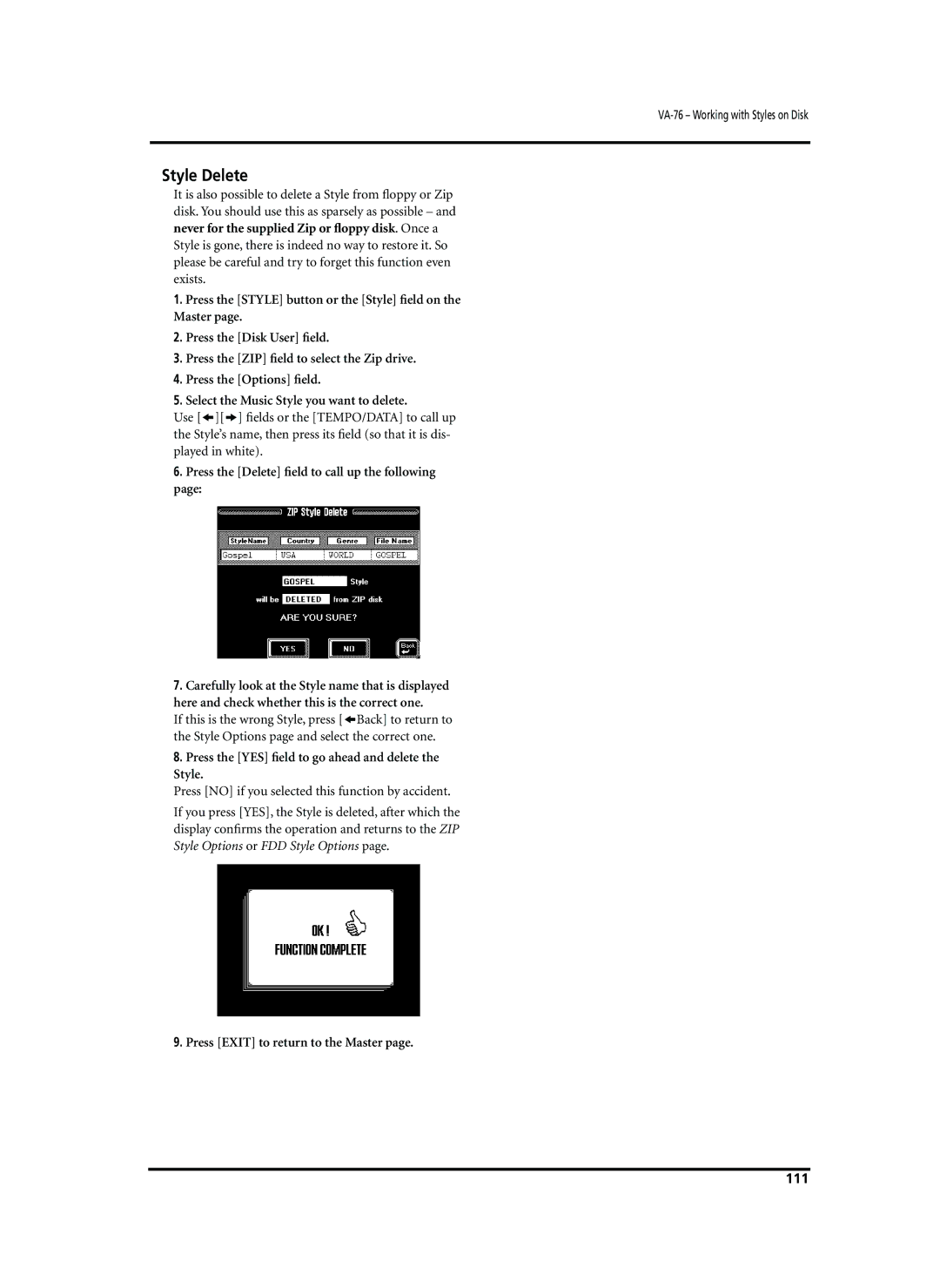 Roland VA-76 owner manual Style Delete, Press the Delete ﬁeld to call up the following, 111 