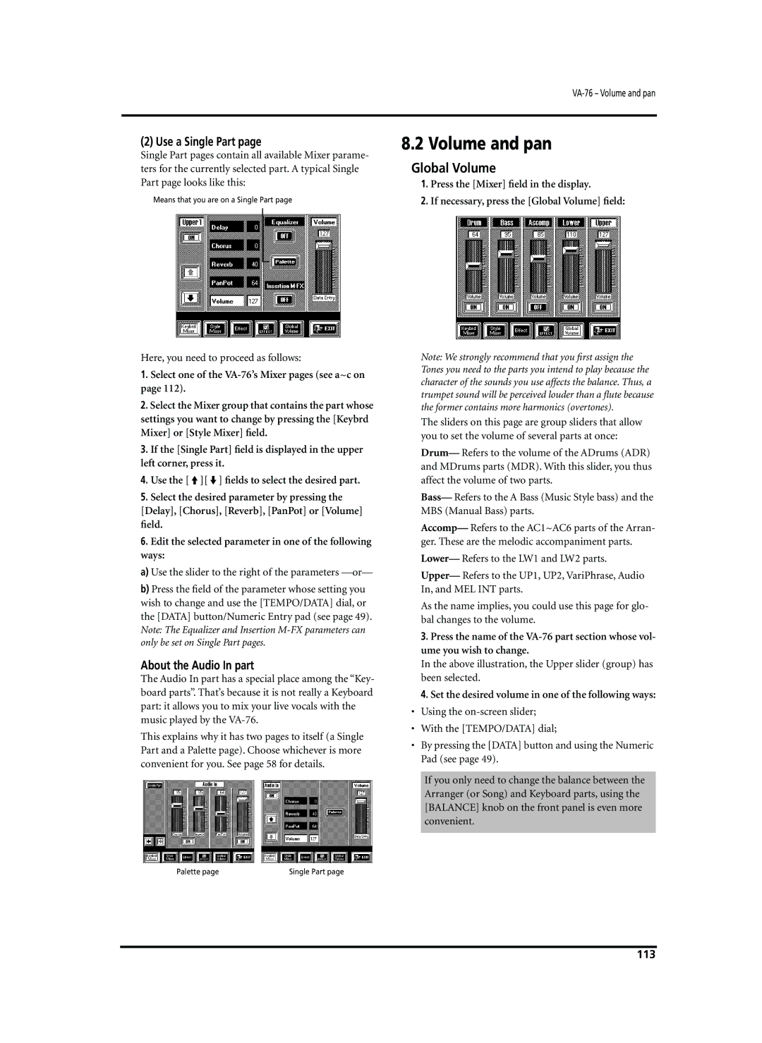 Roland VA-76 owner manual Volume and pan, Global Volume, Use a Single Part, About the Audio In part, 113 