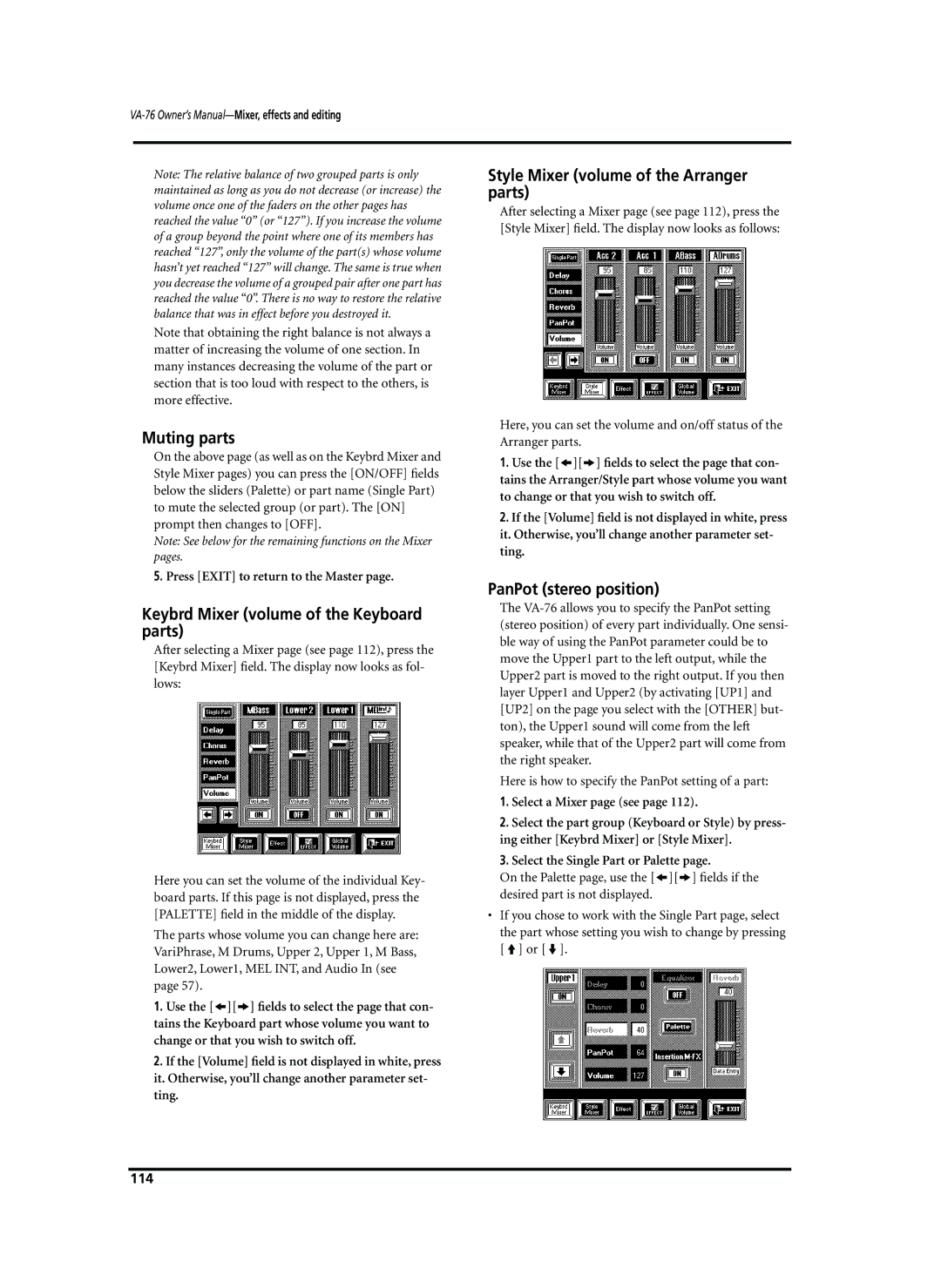 Roland VA-76 Muting parts, Keybrd Mixer volume of the Keyboard parts, Style Mixer volume of the Arranger parts, 114 