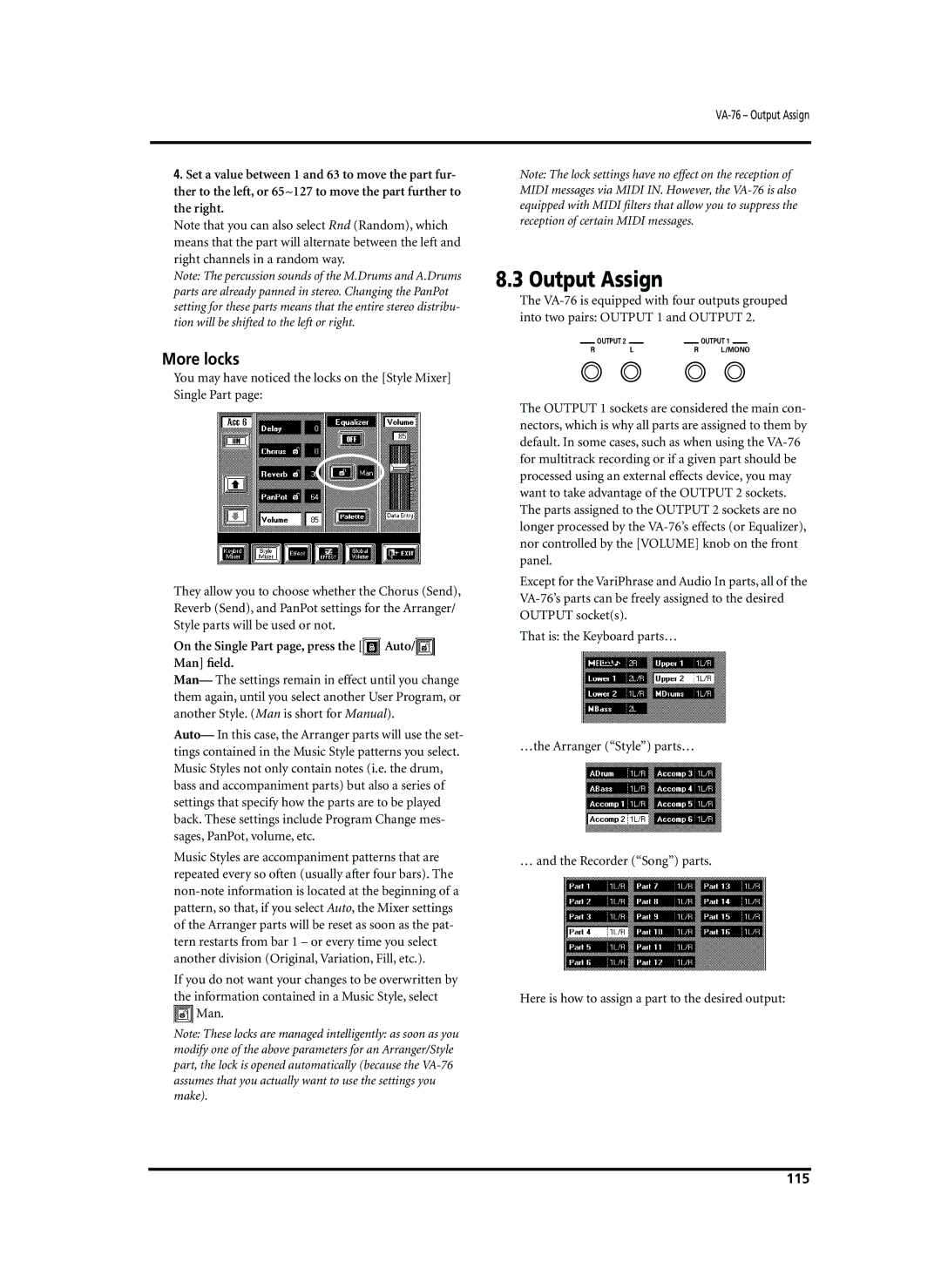 Roland VA-76 owner manual Output Assign, More locks, On the Single Part page, press the Auto/ Man ﬁeld, 115 