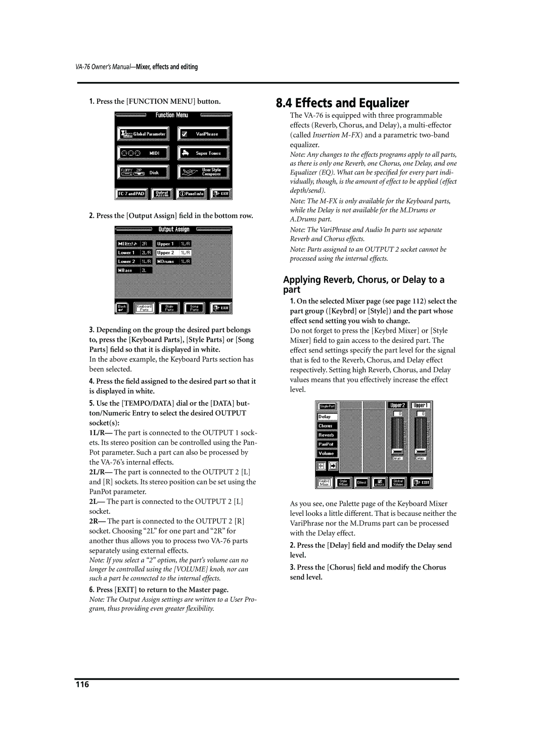 Roland VA-76 owner manual Effects and Equalizer, Applying Reverb, Chorus, or Delay to a part, 116 