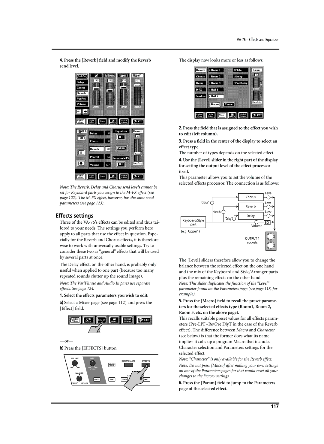 Roland VA-76 owner manual Effects settings, Press the Reverb ﬁeld and modify the Reverb send level, 117 