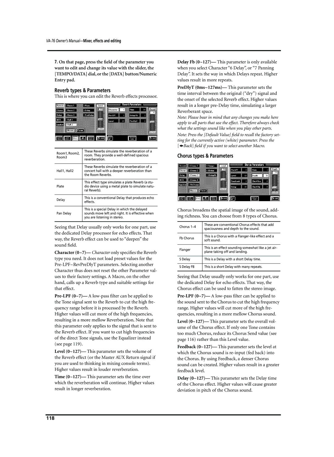 Roland VA-76 Reverb types & Parameters, Chorus types & Parameters, This is where you can edit the Reverb effects processor 