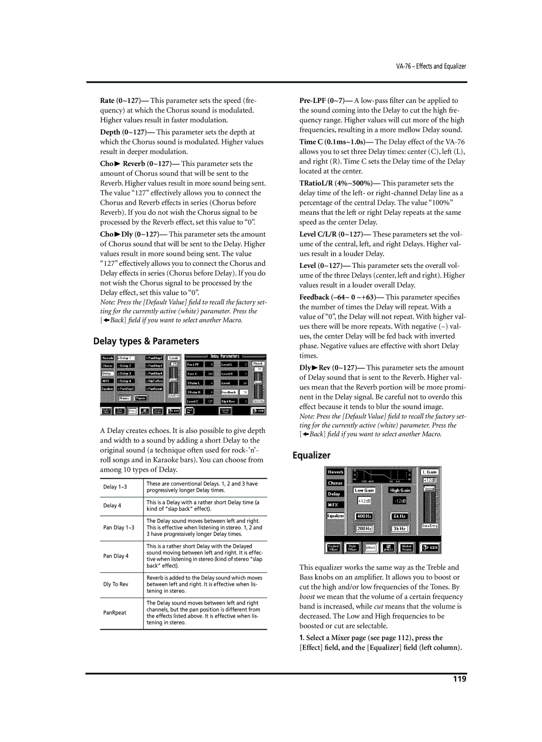 Roland VA-76 owner manual Delay types & Parameters, Equalizer, 119 