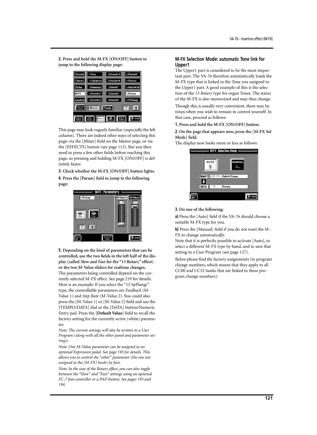 Roland VA-76 owner manual FX Selection Mode automatic Tone link for Upper1, 121 