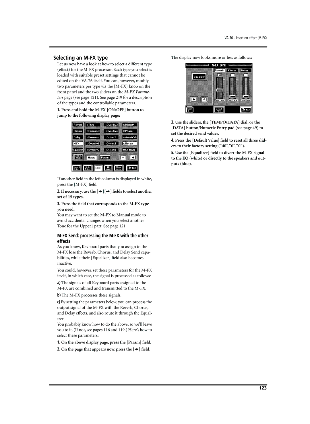 Roland VA-76 owner manual Selecting an M-FX type, FX Send processing the M-FX with the other effects, 123 