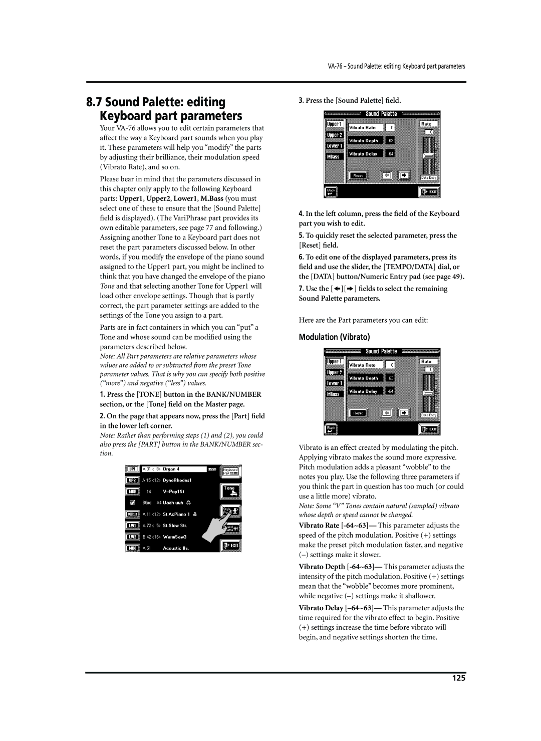 Roland VA-76 owner manual Modulation Vibrato, Here are the Part parameters you can edit, Settings make it slower, 125 