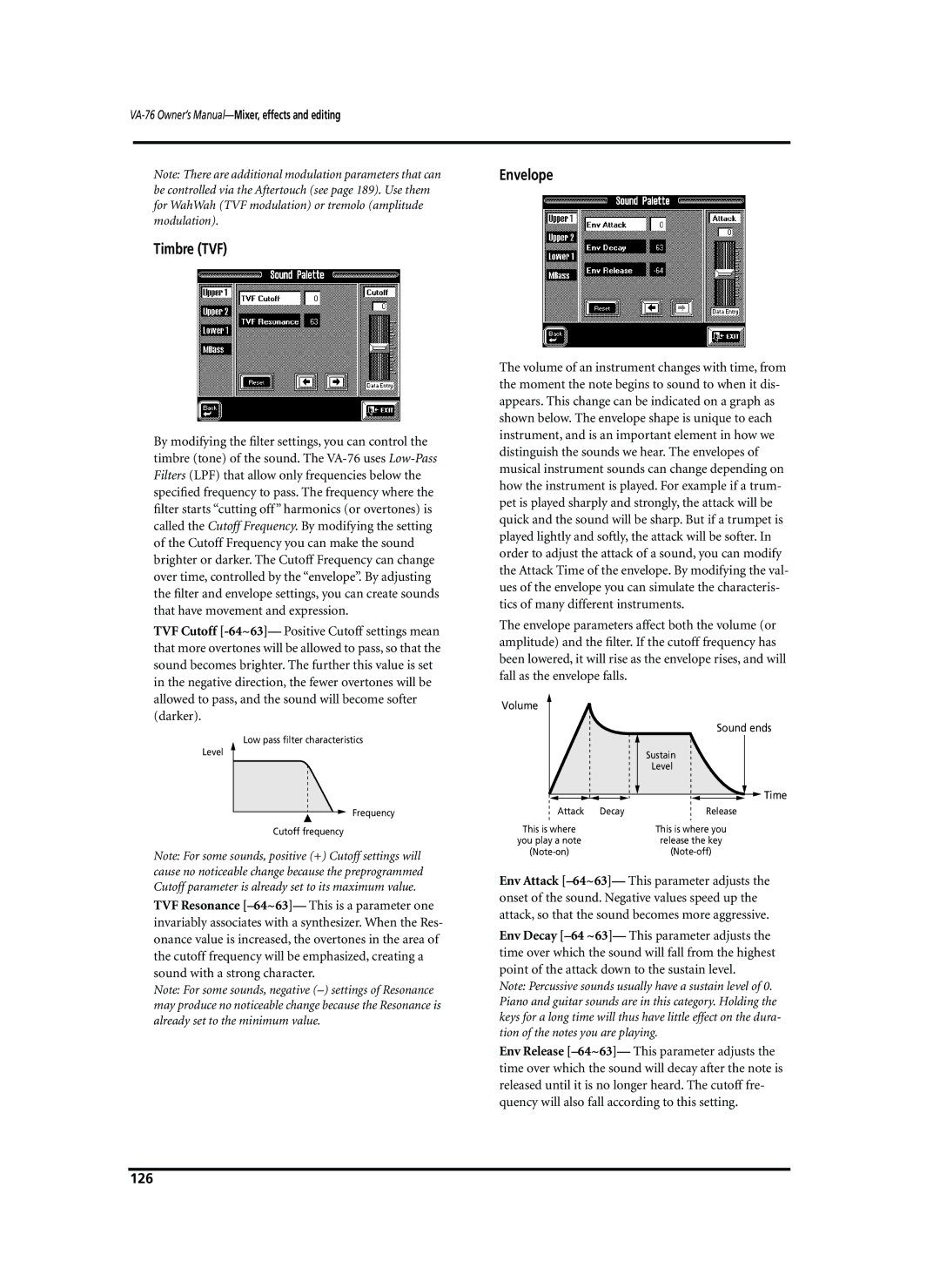 Roland VA-76 owner manual Timbre TVF, Envelope, 126 