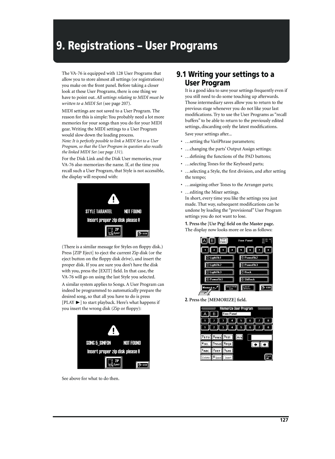 Roland VA-76 owner manual Writing your settings to a User Program, See above for what to do then, 127 